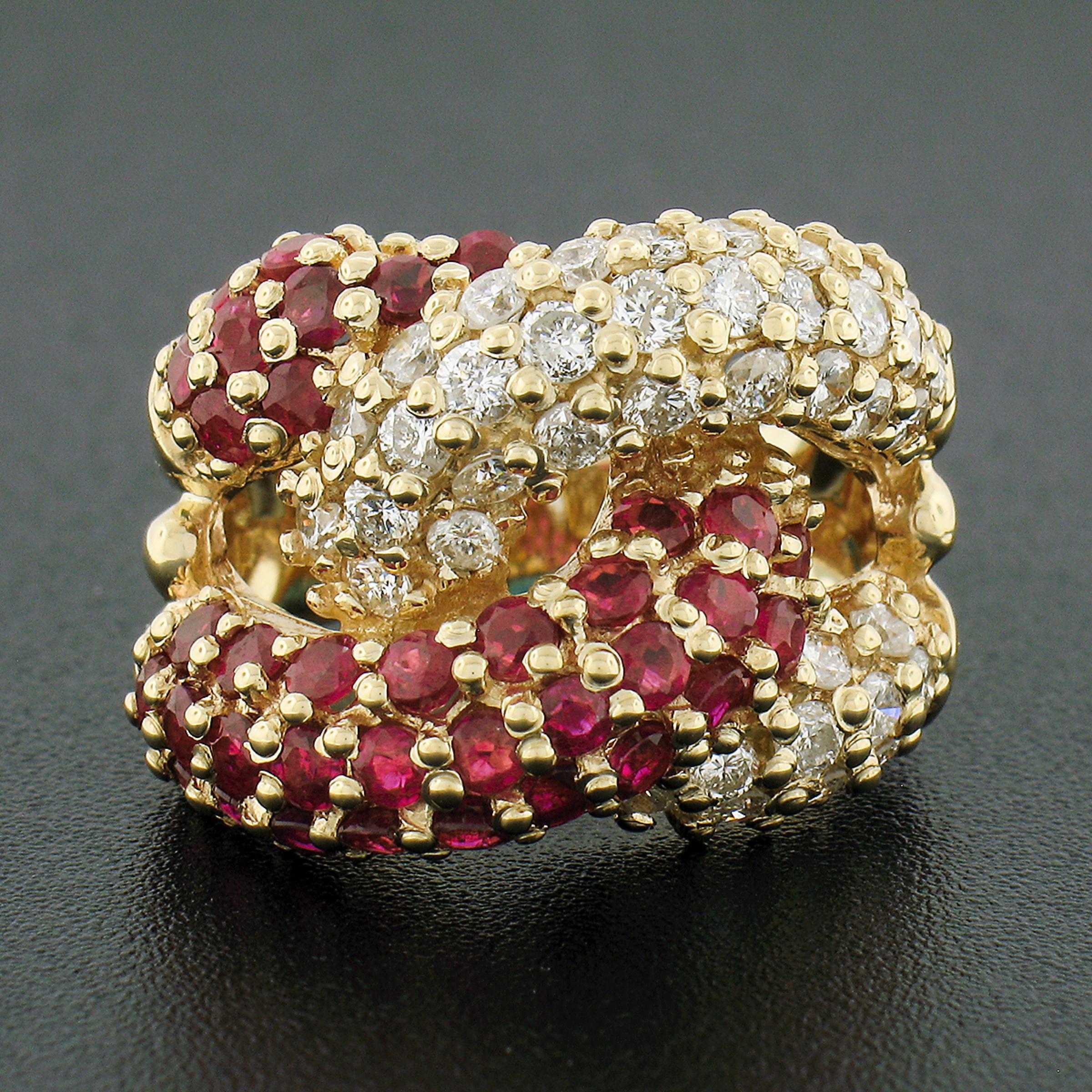 Round Cut Fancy 14k Gold 2.65ct Round Diamond Ruby Puffed Interlocking Loop Wide Band Ring For Sale