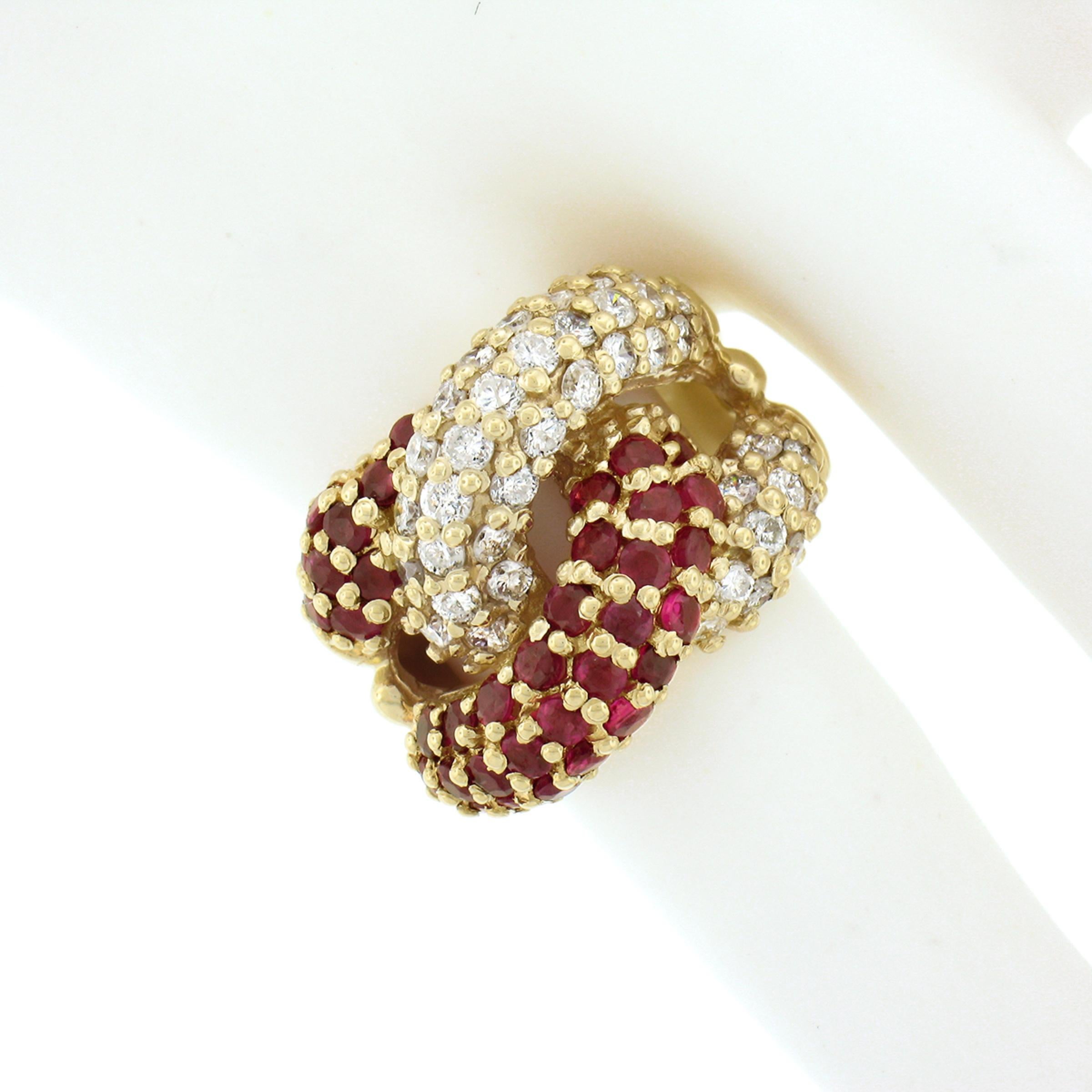 Fancy 14k Gold 2.65ct Round Diamond Ruby Puffed Interlocking Loop Wide Band Ring In Excellent Condition For Sale In Montclair, NJ