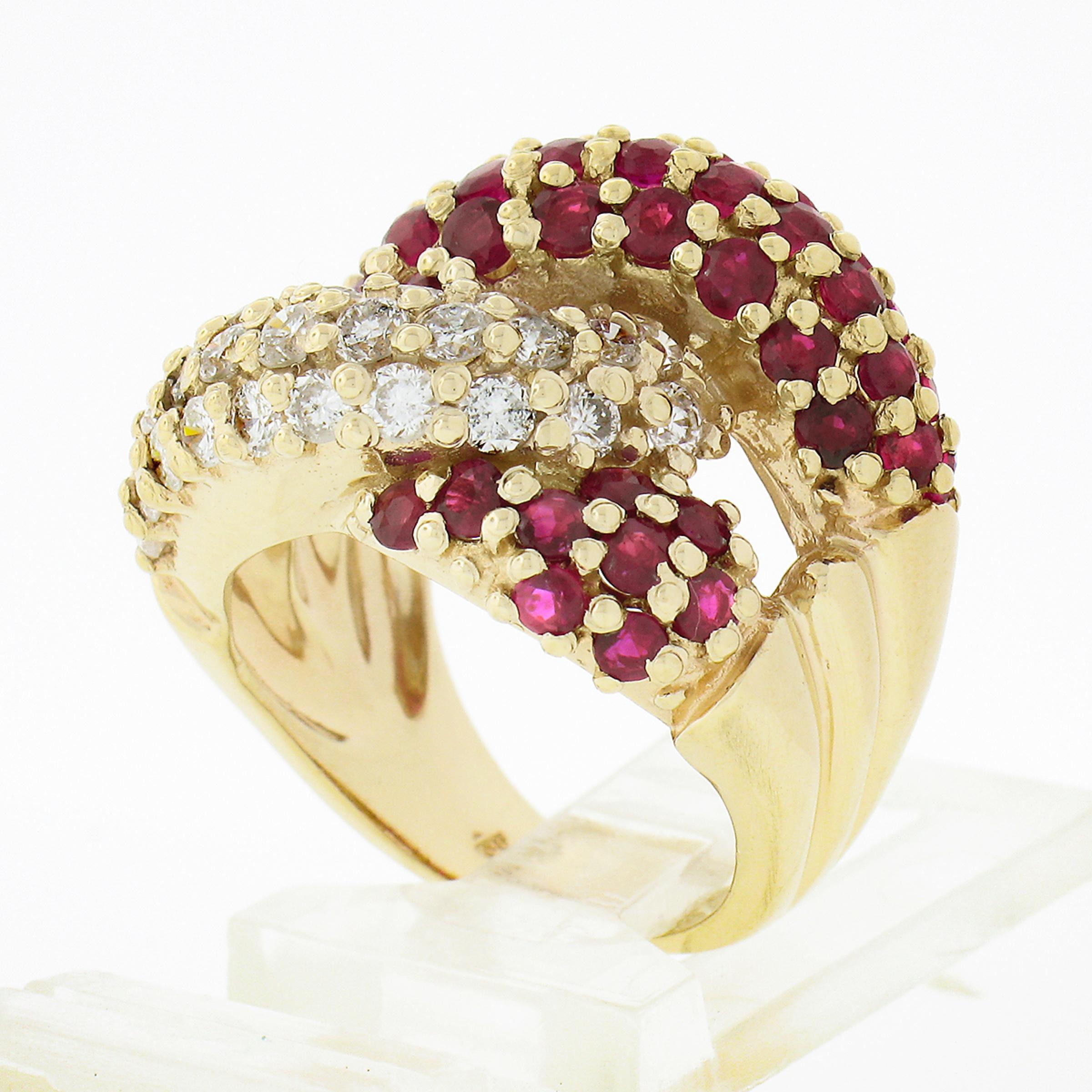 Fancy 14k Gold 2.65ct Round Diamond Ruby Puffed Interlocking Loop Wide Band Ring For Sale 4
