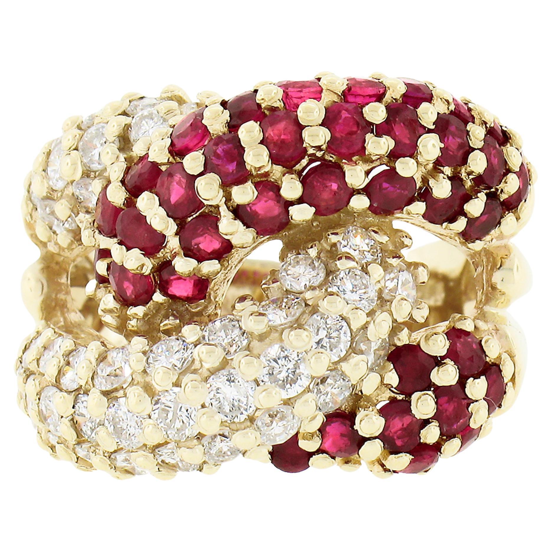 Fancy 14k Gold 2.65ct Round Diamond Ruby Puffed Interlocking Loop Wide Band Ring For Sale