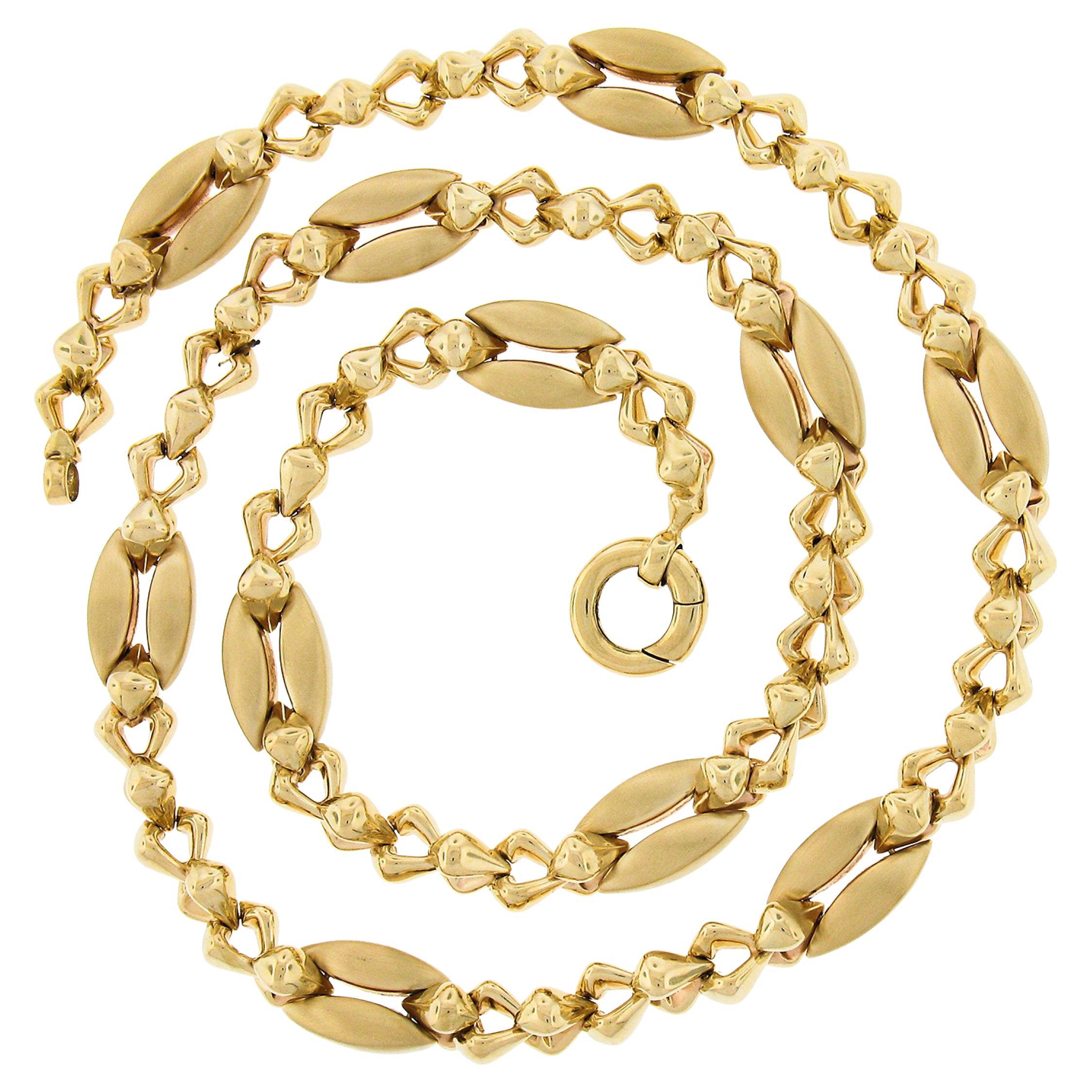 Fancy 14K Gold Long Alternating Polished & Brushed Sections Link Chain Necklace For Sale