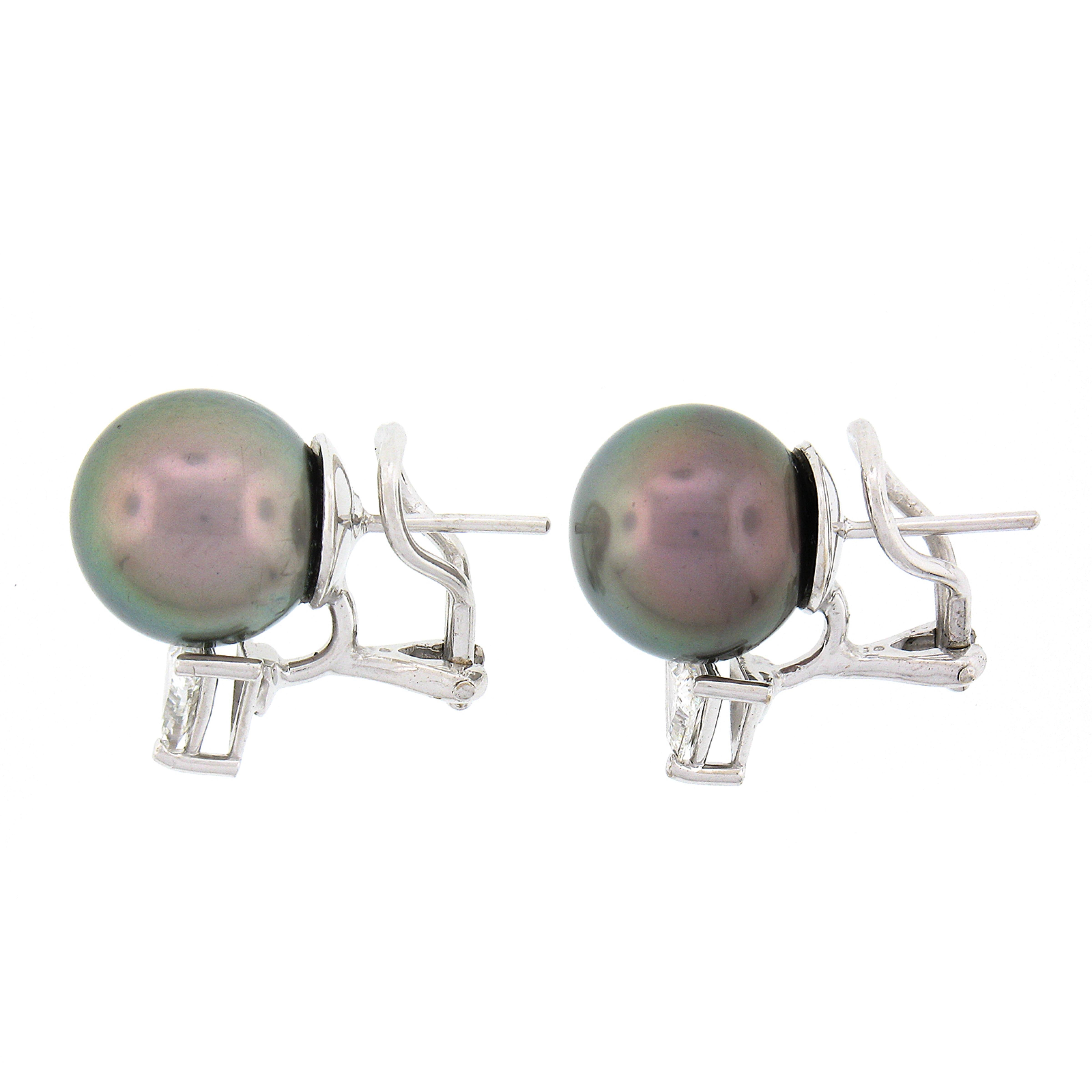 Fancy 14k White Gold Tahitian Pearl w/ 0.80ctw Trillion Diamond Earrings In Excellent Condition For Sale In Montclair, NJ