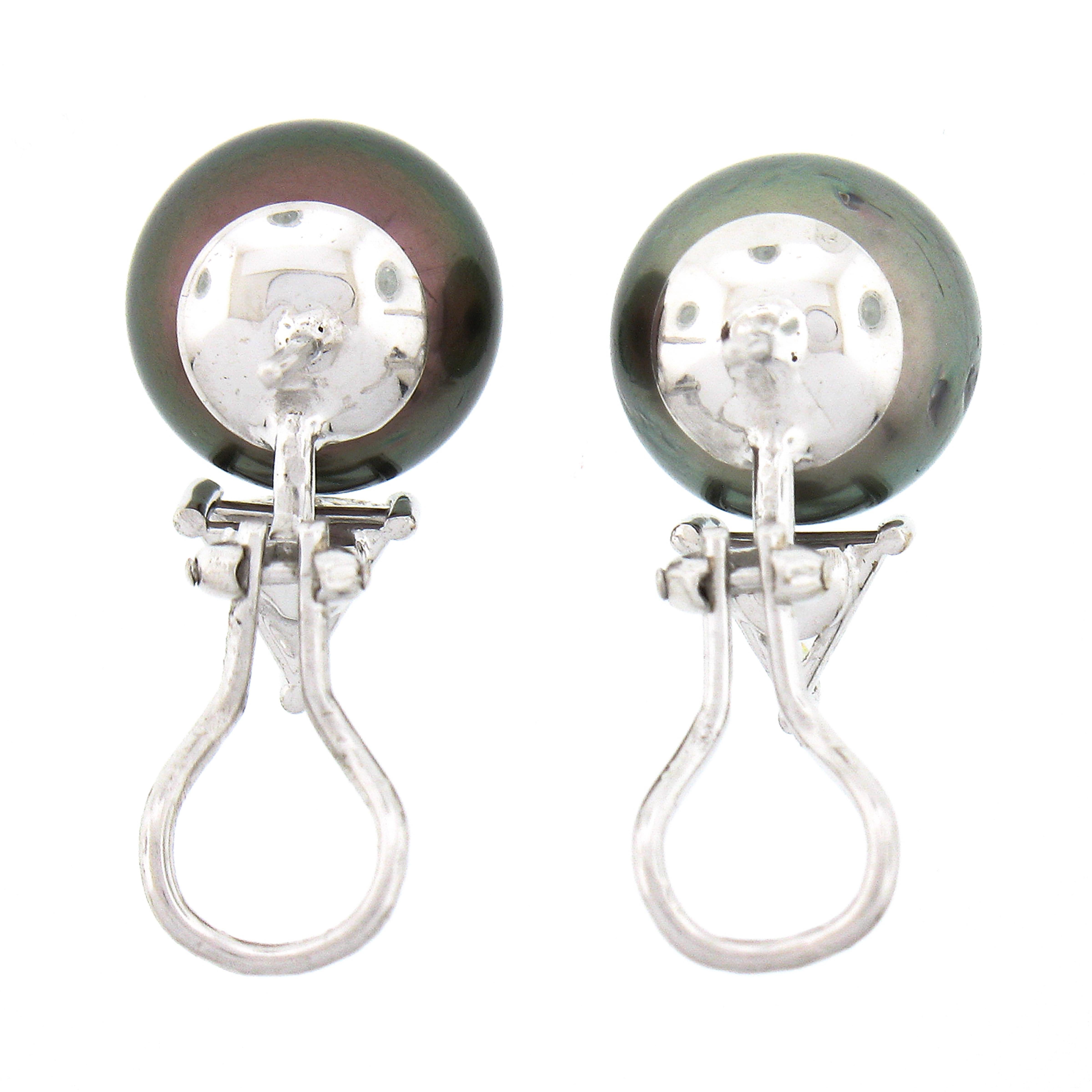 Fancy 14k White Gold Tahitian Pearl w/ 0.80ctw Trillion Diamond Earrings For Sale 1