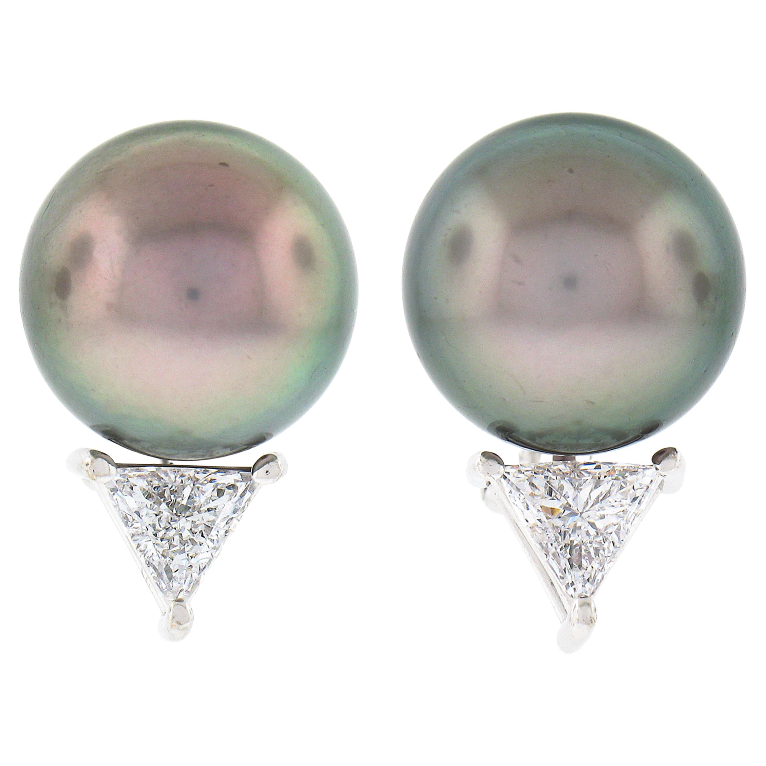 Fancy 14k White Gold Tahitian Pearl w/ 0.80ctw Trillion Diamond Earrings