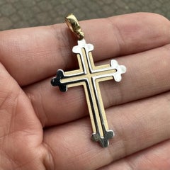 Fancy 14k Yellow & White Solid Gold Orthodox Christian Cross Pendant