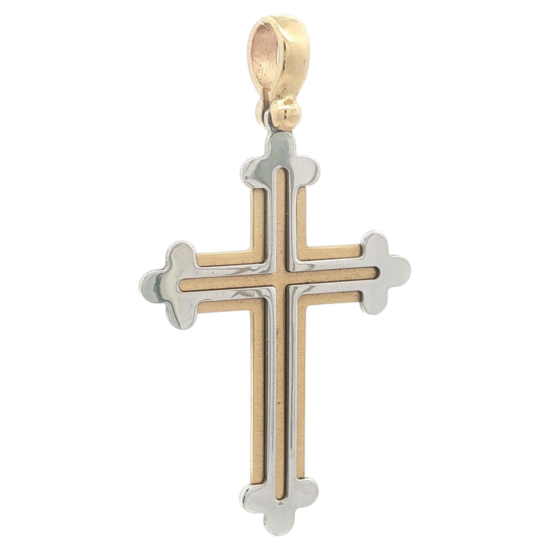 Fancy 14k Yellow & White Solid Gold Orthodox Christian Cross Pendant For Sale