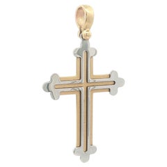 Fancy 14k Yellow & White Solid Gold Orthodox Christian Cross Pendant