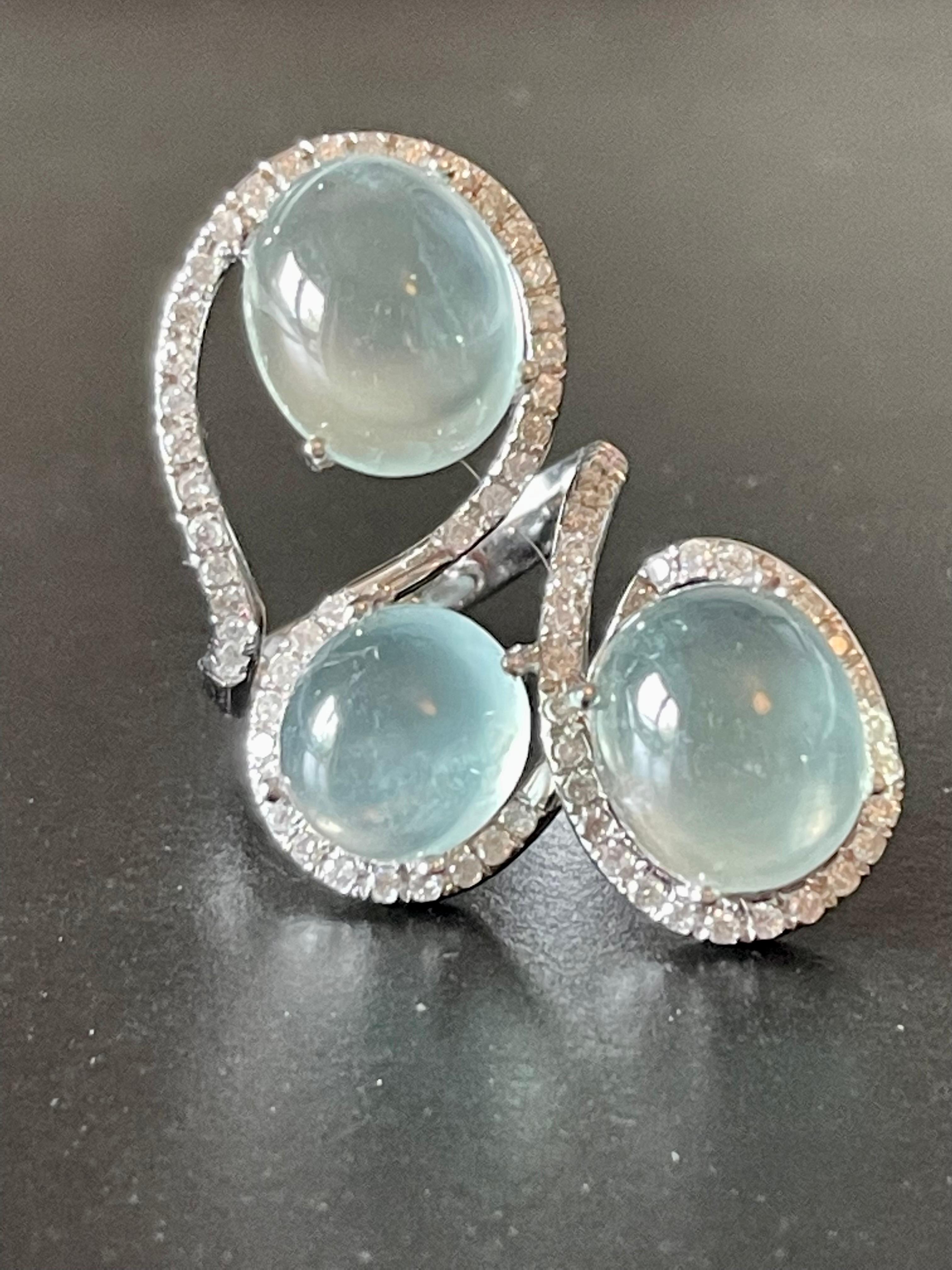 Fancy 18 K white Gold Ring with Prehnite Cabochons and Diamonds For Sale 5