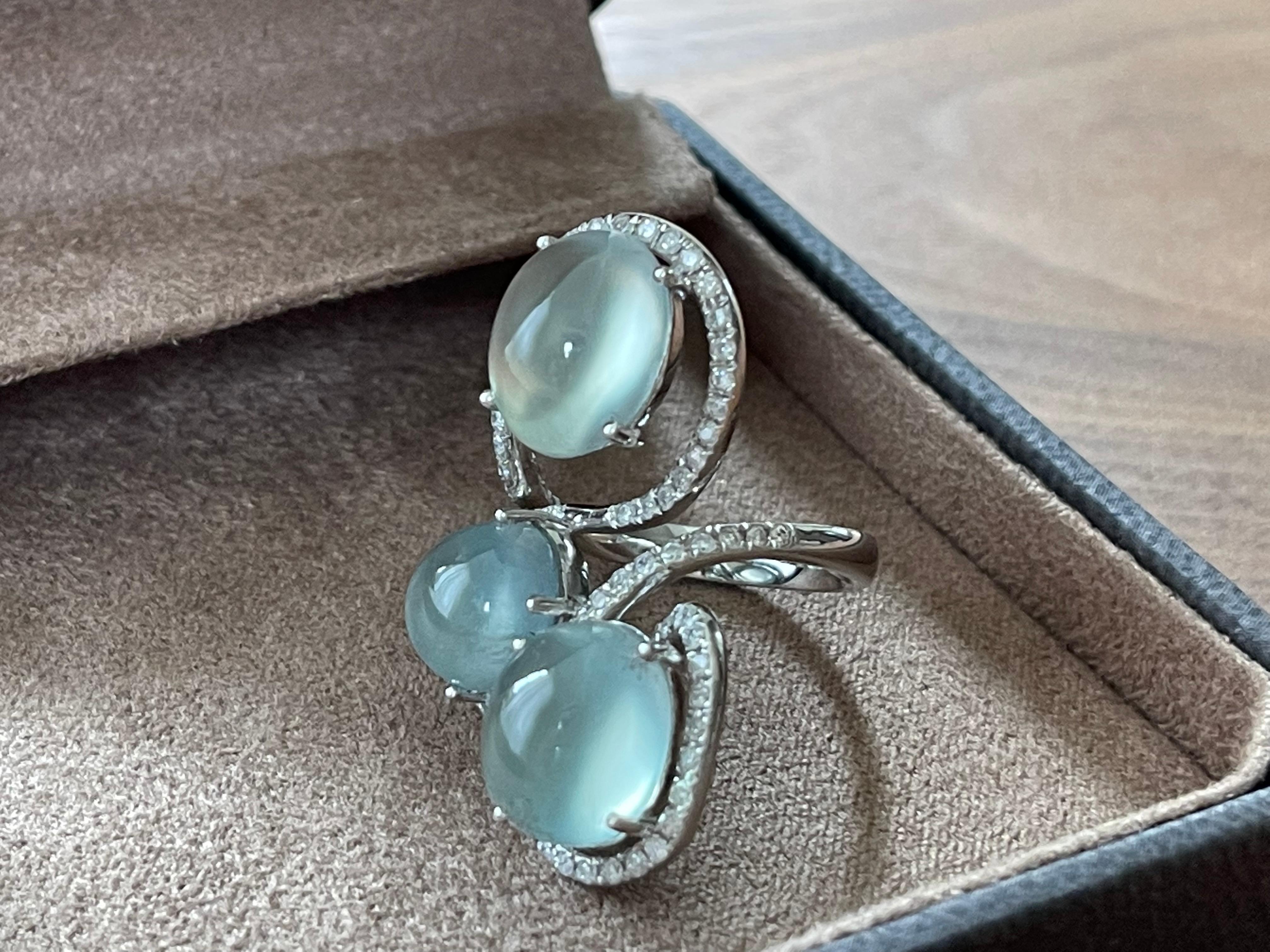 Modern Fancy 18 K white Gold Ring with Prehnite Cabochons and Diamonds For Sale