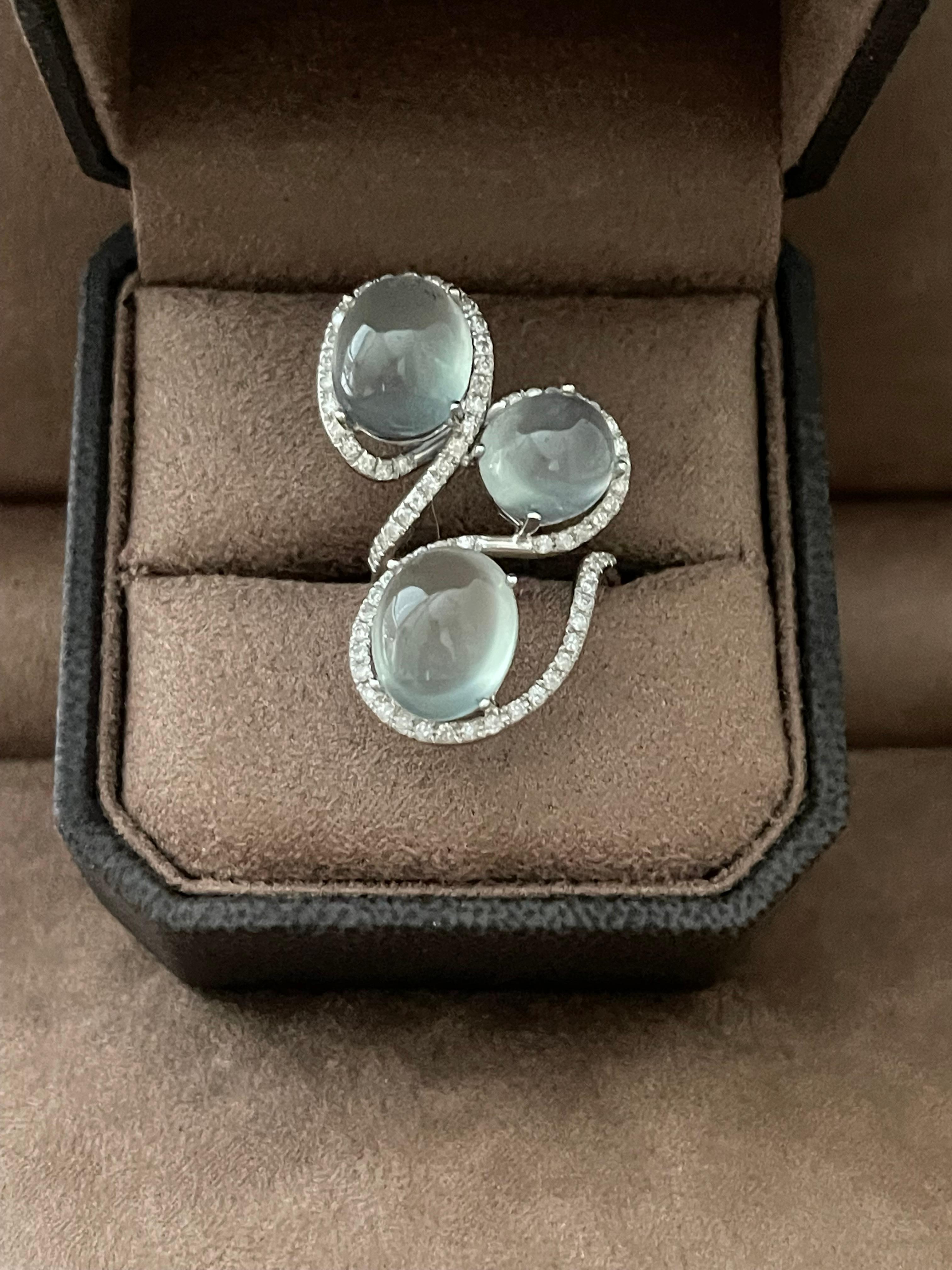Fancy 18 K white Gold Ring with Prehnite Cabochons and Diamonds For Sale 1
