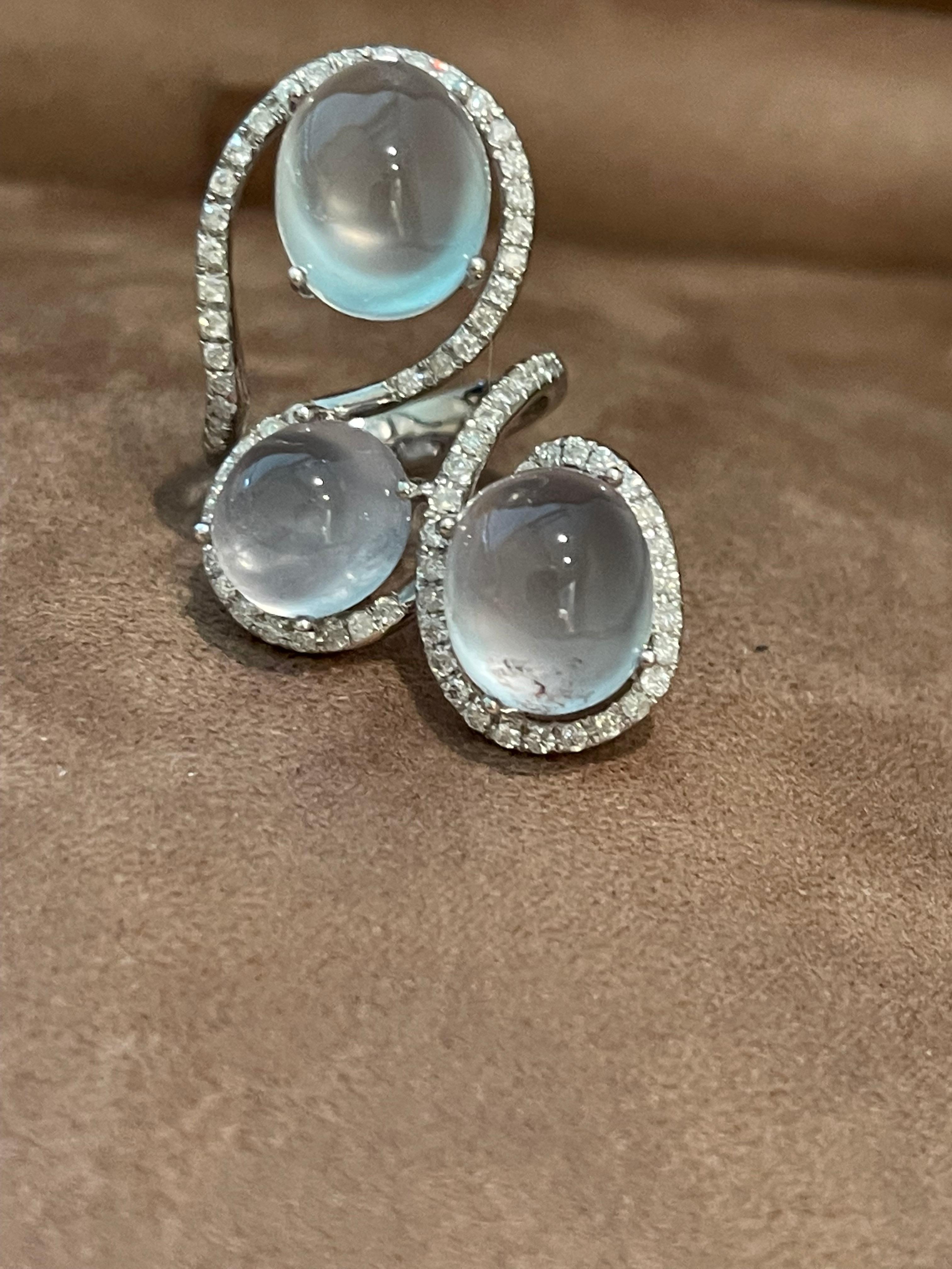 Fancy 18 K white Gold Ring with Prehnite Cabochons and Diamonds For Sale 2