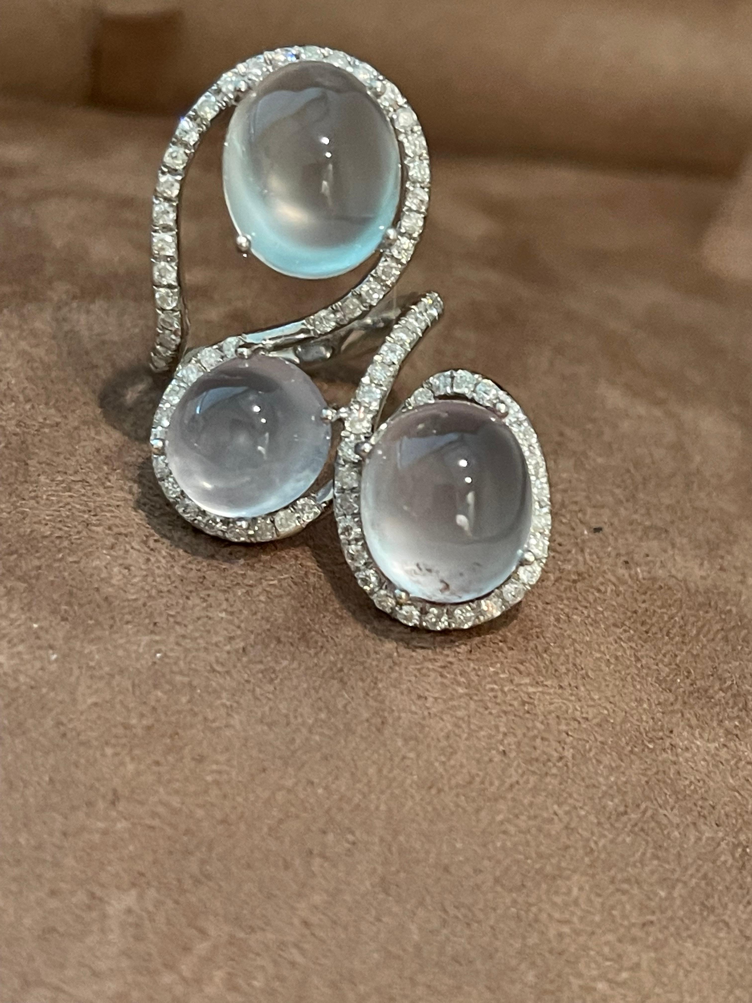 Fancy 18 K white Gold Ring with Prehnite Cabochons and Diamonds For Sale 3