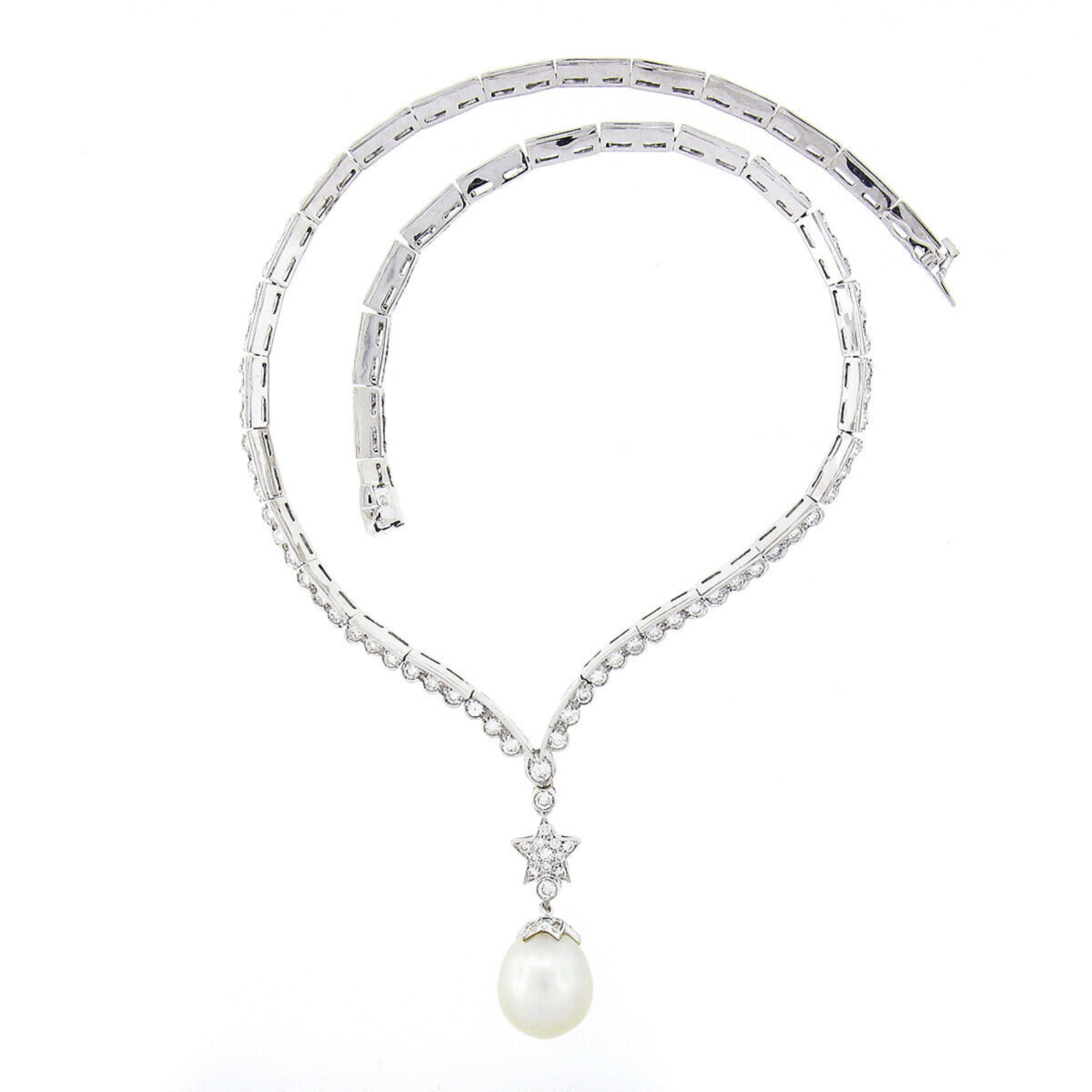 Round Cut Fancy 18k Gold 4.69ct Diamond Chevron Necklace Star & Pearl Drop Dangle Pendant For Sale