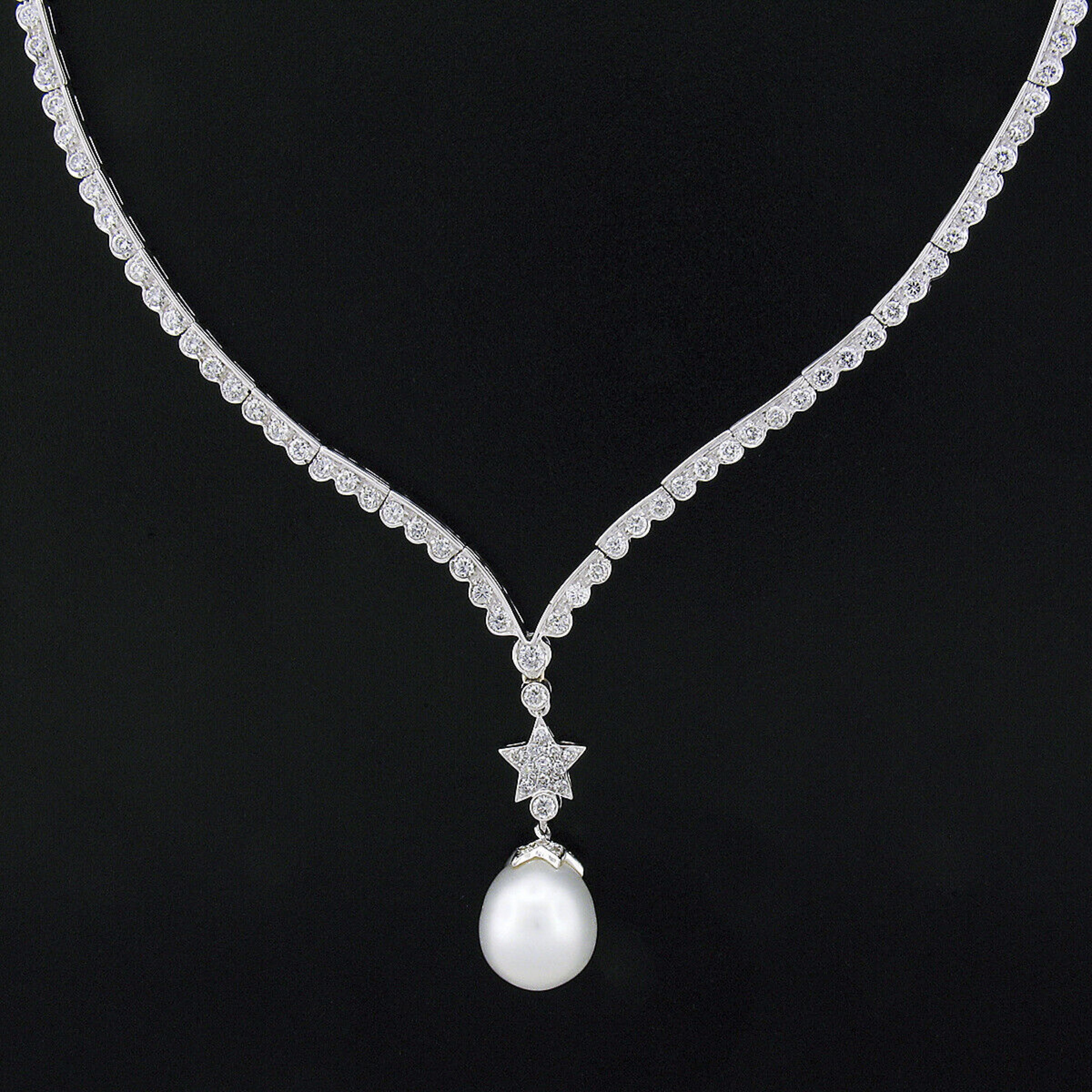 Women's Fancy 18k Gold 4.69ct Diamond Chevron Necklace Star & Pearl Drop Dangle Pendant For Sale