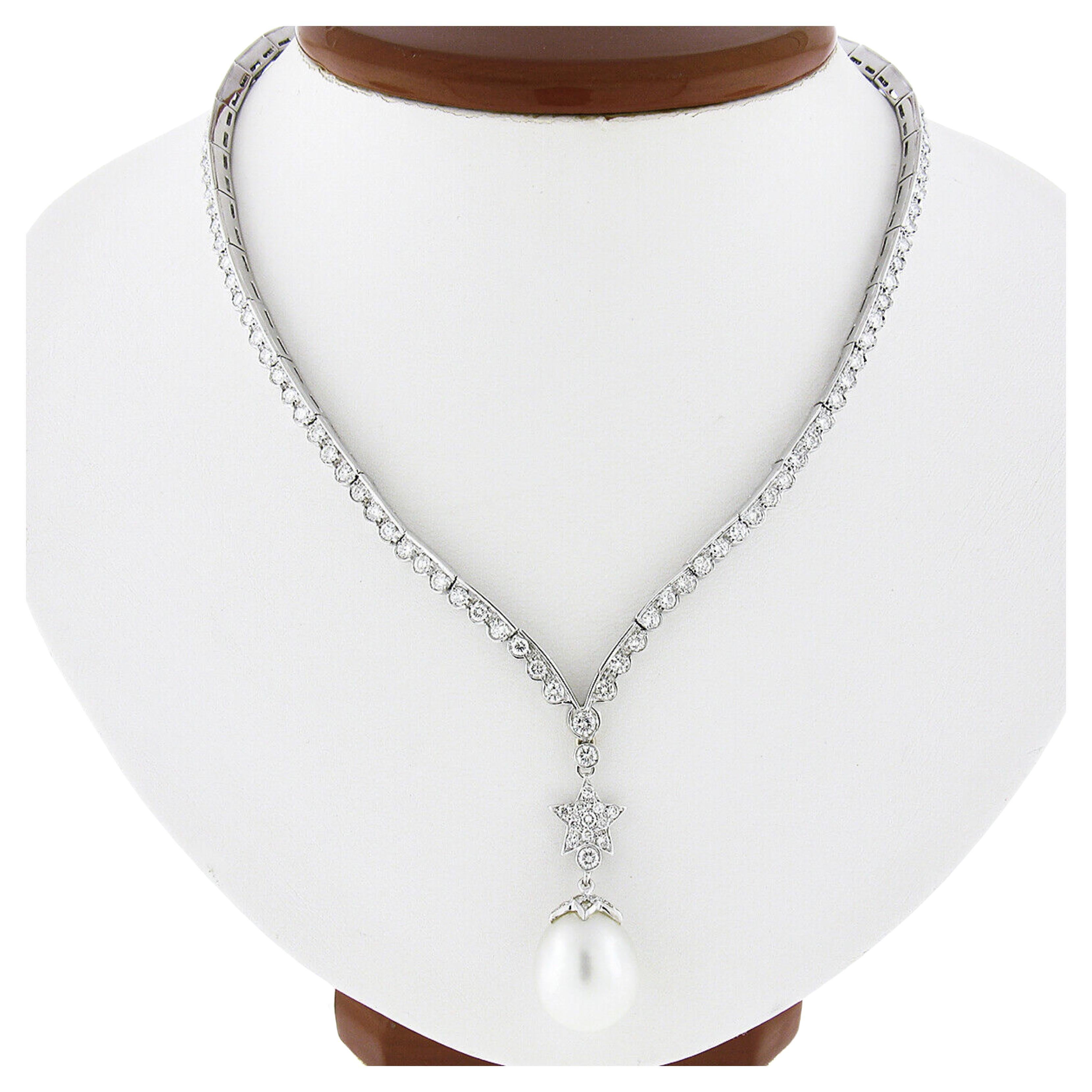 Fancy 18k Gold 4.69ct Diamond Chevron Necklace Star & Pearl Drop Dangle Pendant For Sale