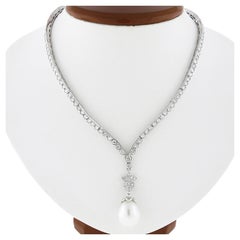 Fancy 18k Gold 4.69ct Diamond Chevron Necklace Star & Pearl Drop Dangle Pendant