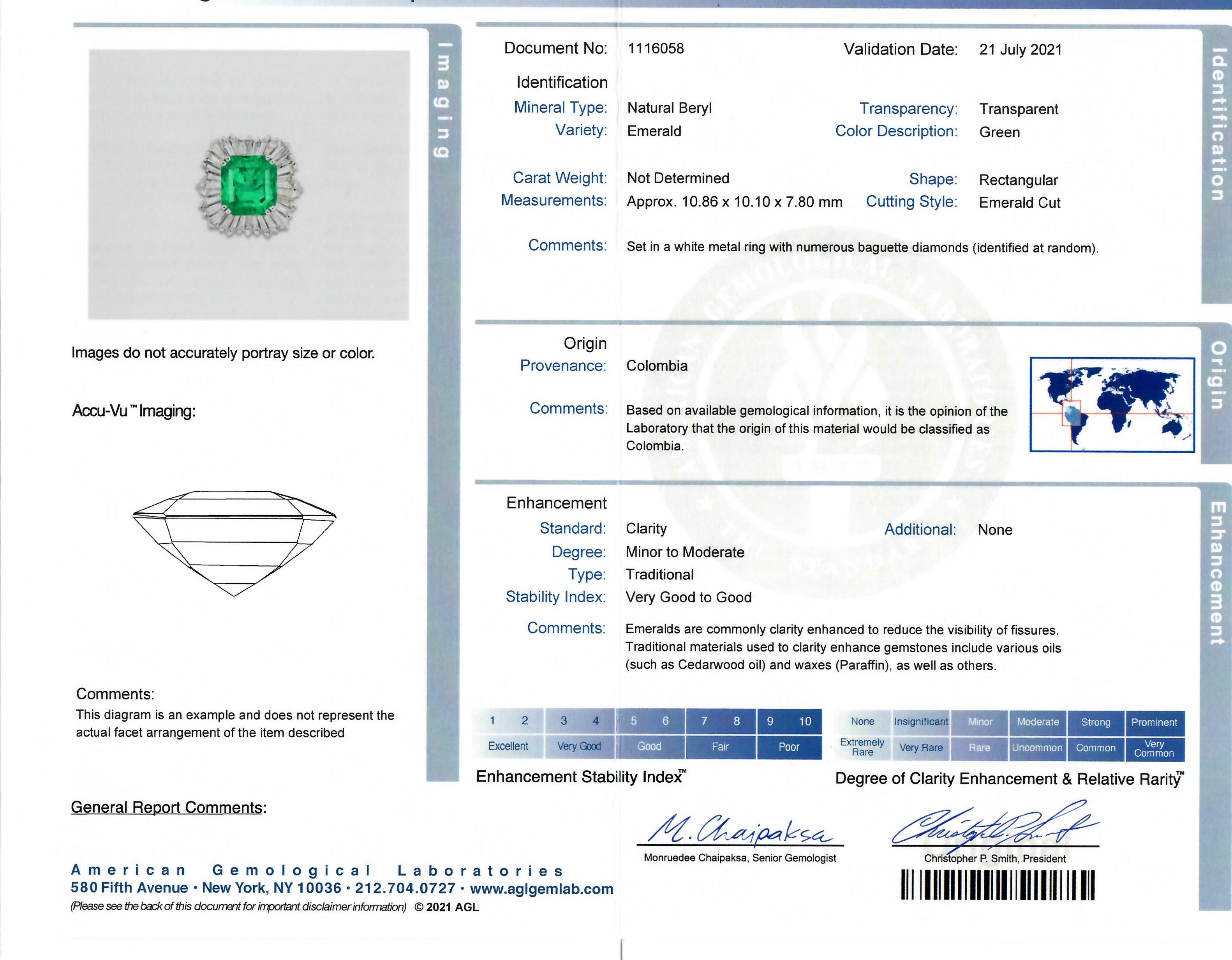 Fancy 18k Gold AGL 7.67ctw Colombian Emerald & Baguette Diamond Ballerina Ring For Sale 6