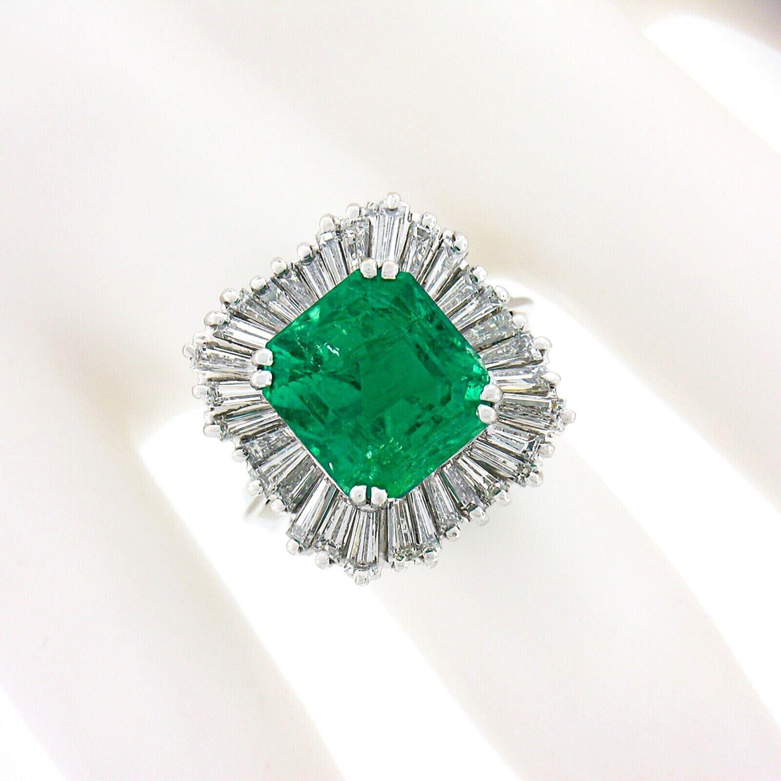 Emerald Cut Fancy 18k Gold AGL 7.67ctw Colombian Emerald & Baguette Diamond Ballerina Ring For Sale