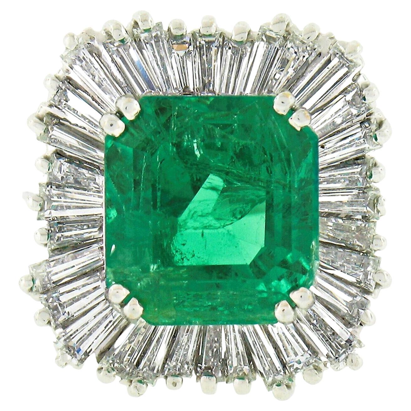 Fancy 18k Gold AGL 7.67ctw Colombian Emerald & Baguette Diamond Ballerina Ring For Sale
