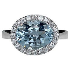 Vintage Fancy 18K White Gold 2.85ct Aquamarine Diamond Horizontal Oval Halo Ring