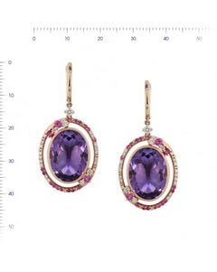 Fancy 20 Carat Purple Amethyst White Diamond Pink Sapphire 18 K Gold Earrings