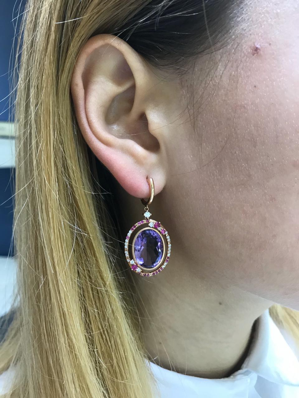 Fancy 20 Carat Purple Amethyst White Diamond Pink Sapphire 18 K Gold Earrings In New Condition In Montreux, CH