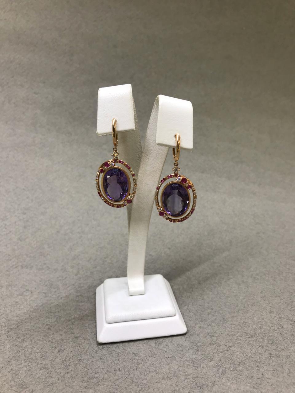 Fancy 20 Carat Purple Amethyst White Diamond Pink Sapphire 18 K Gold Earrings For Sale 1