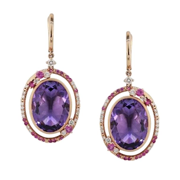 Fancy 20 Carat Purple Amethyst White Diamond Pink Sapphire 18 K Gold Earrings