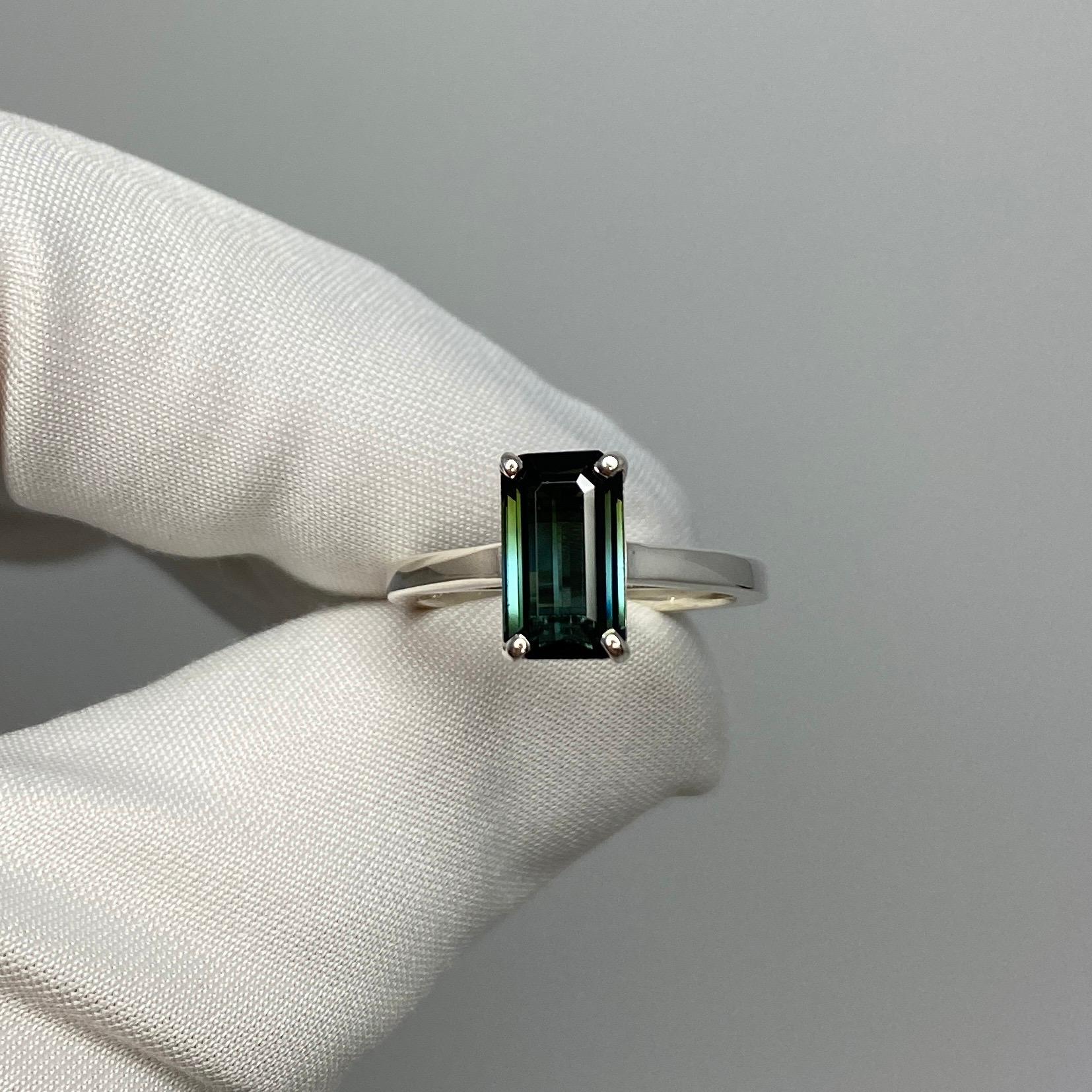 Fancy 2.12ct Bi Colour Green Blue Emerald Cut Tourmaline Silver Solitaire Ring 6