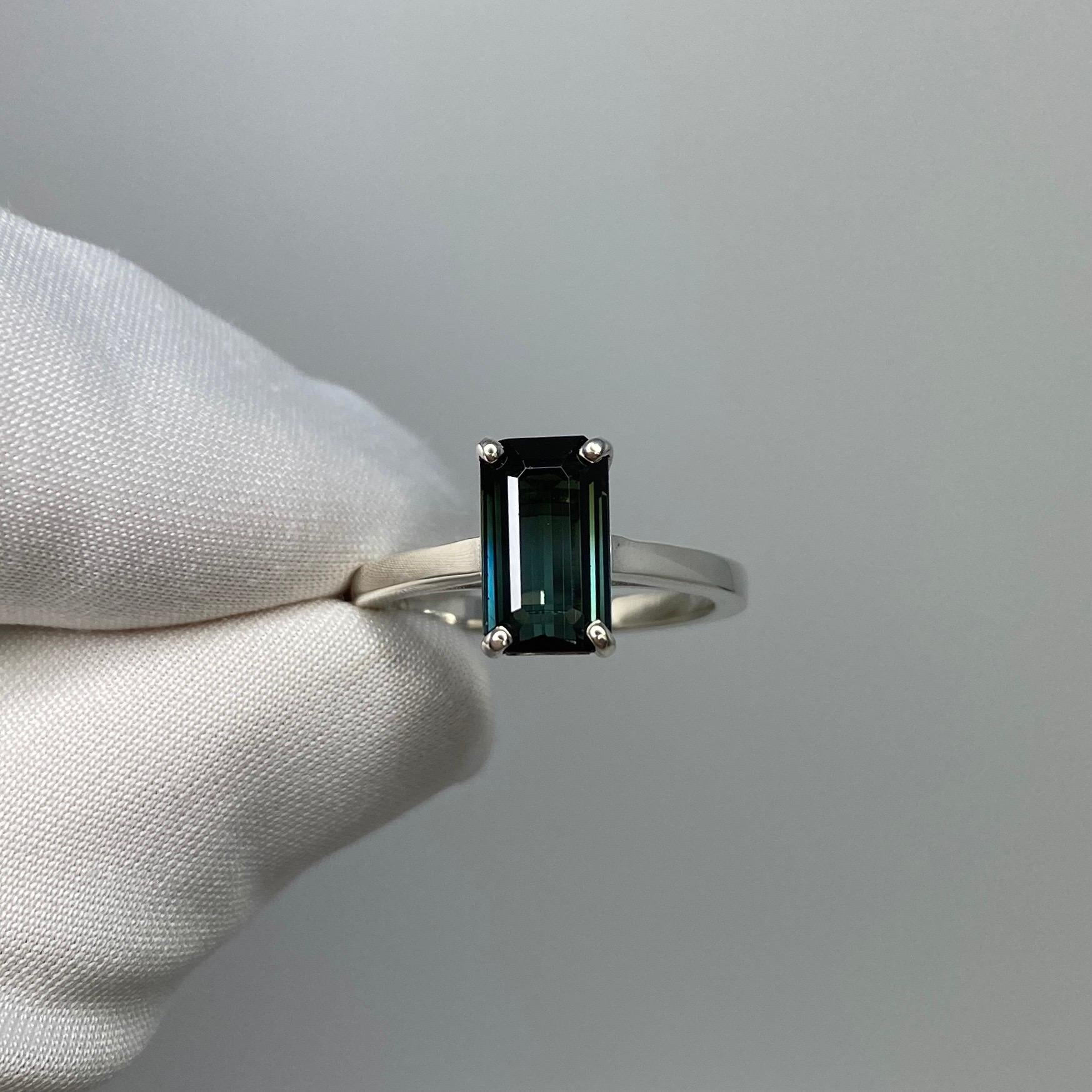 Fancy 2.12ct Bi Colour Green Blue Emerald Cut Tourmaline Silver Solitaire Ring In New Condition In Birmingham, GB