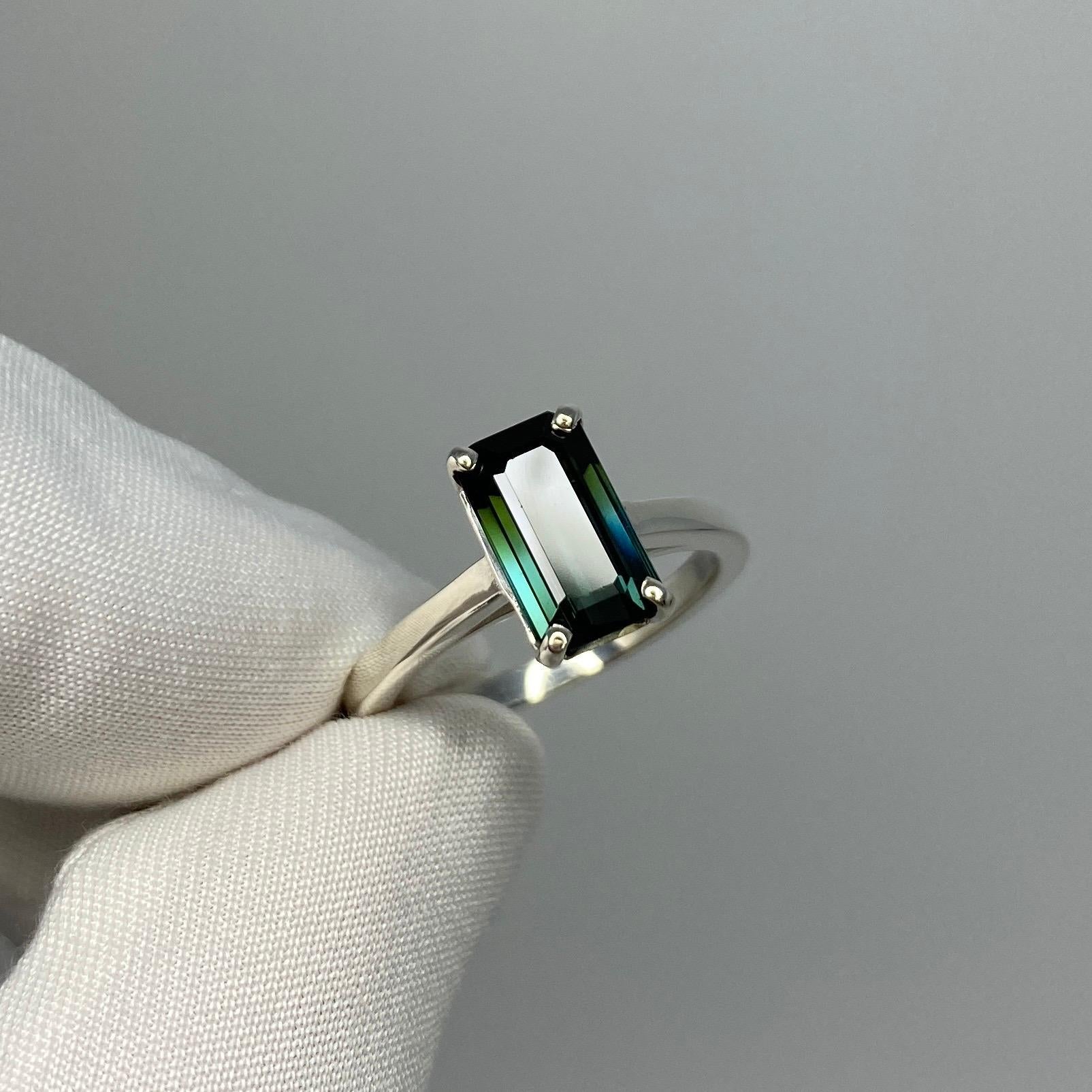 Women's or Men's Fancy 2.12ct Bi Colour Green Blue Emerald Cut Tourmaline Silver Solitaire Ring