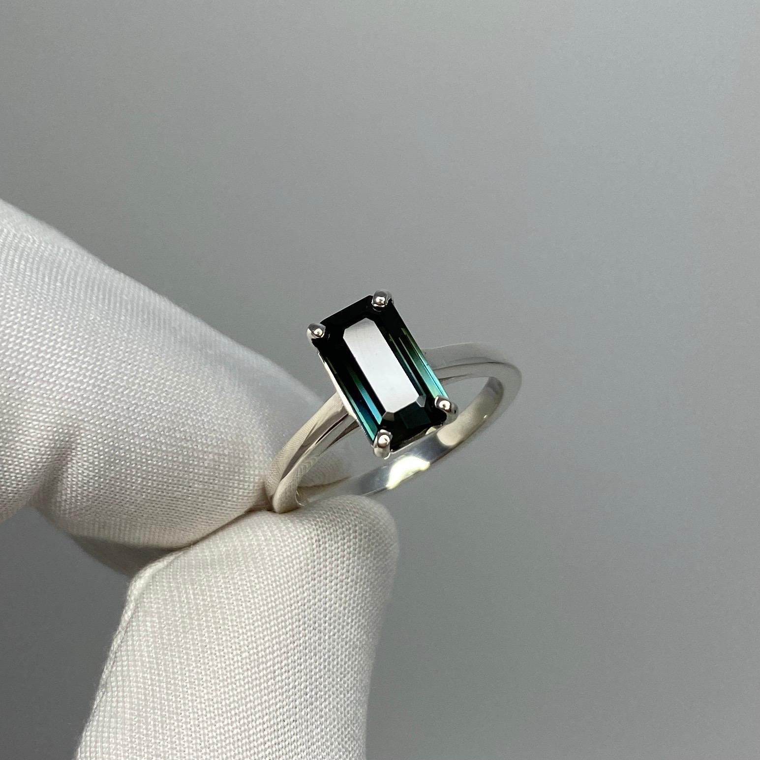 Fancy 2.12ct Bi Colour Green Blue Emerald Cut Tourmaline Silver Solitaire Ring 1