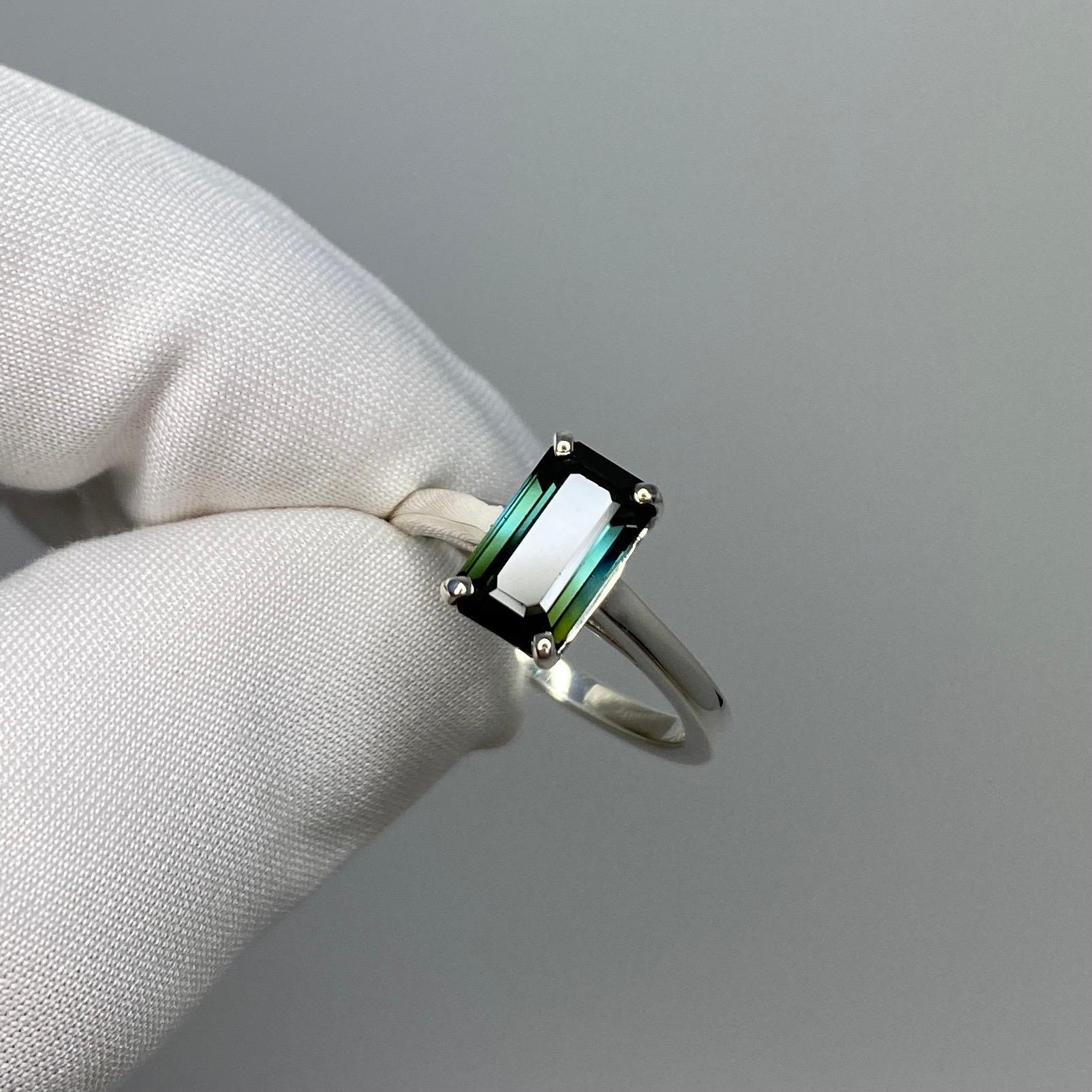 Fancy 2.12ct Bi Colour Green Blue Emerald Cut Tourmaline Silver Solitaire Ring 4