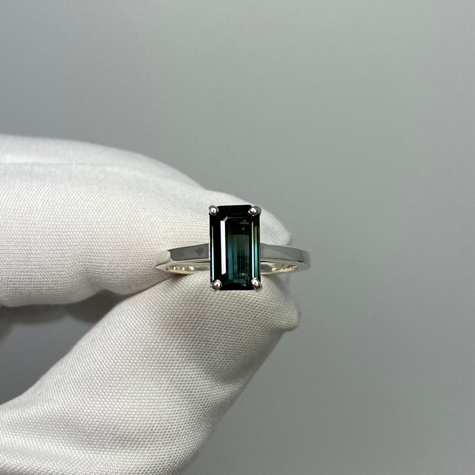 Fancy 2.12ct Bi Colour Green Blue Emerald Cut Tourmaline Silver Solitaire Ring 5