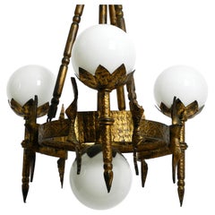 Fancy 1950s French Gold-Plated Iron Chandelier in Brutalist Design
