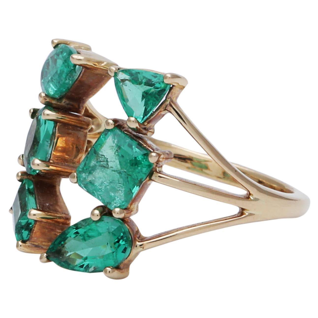 Fancy 6-Stone Emerald Cocktail Ring Handcrafted in 18 Karat Yellow Gold 