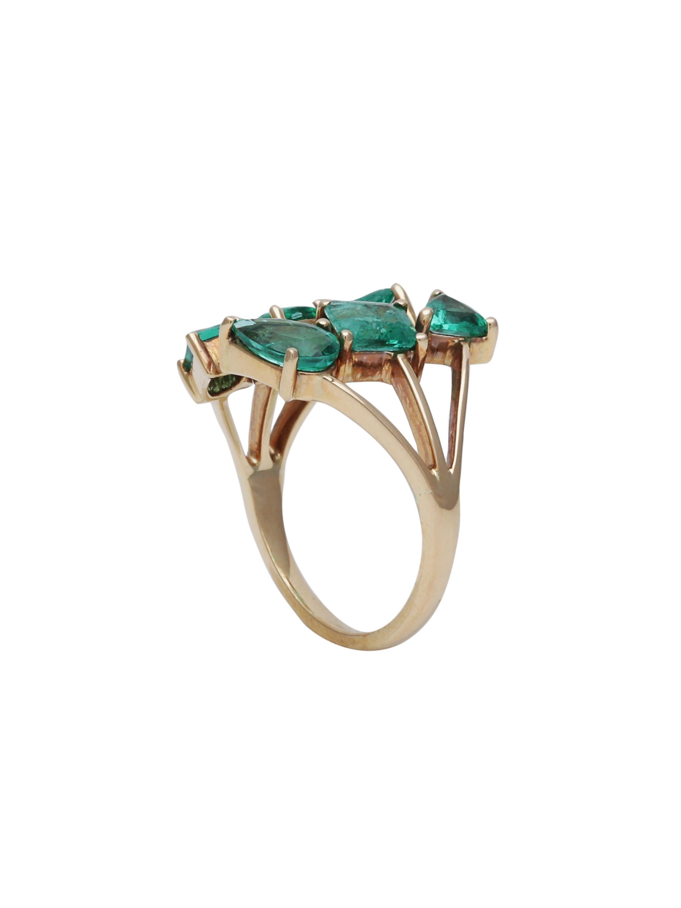 Contemporary Fancy 6-Stone Emerald Cocktail Ring Handcrafted in 18 Karat Yellow Gold  For Sale