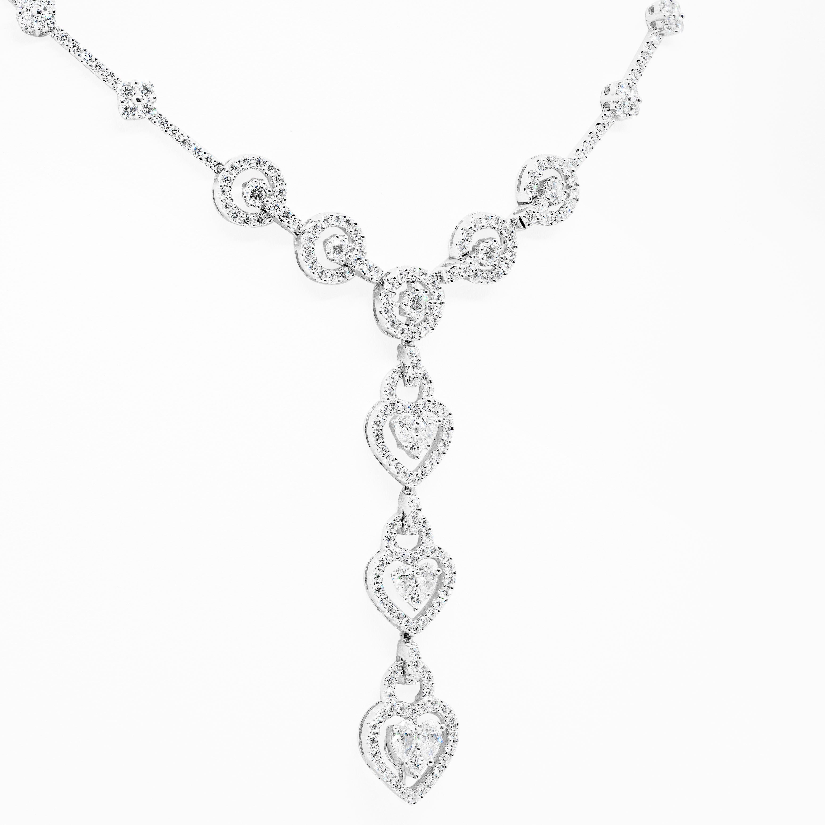 Round Cut Fancy 8.38 Carat Diamond Heart Drop 18 Carat White Gold Necklace For Sale