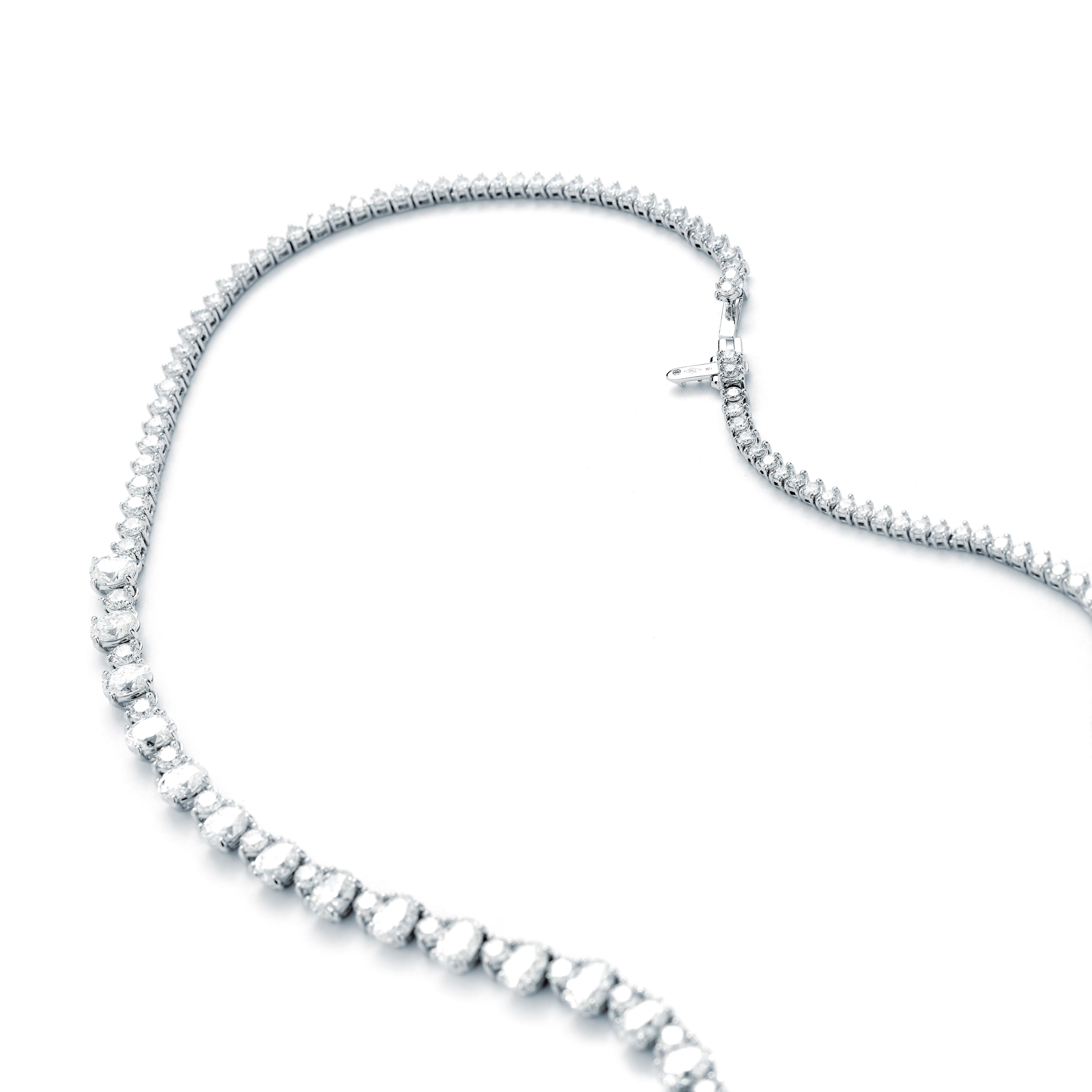 Contemporary Fancy Alternating Diamond Tennis Necklace 18 Karat White Gold 16.31 Carat Total For Sale