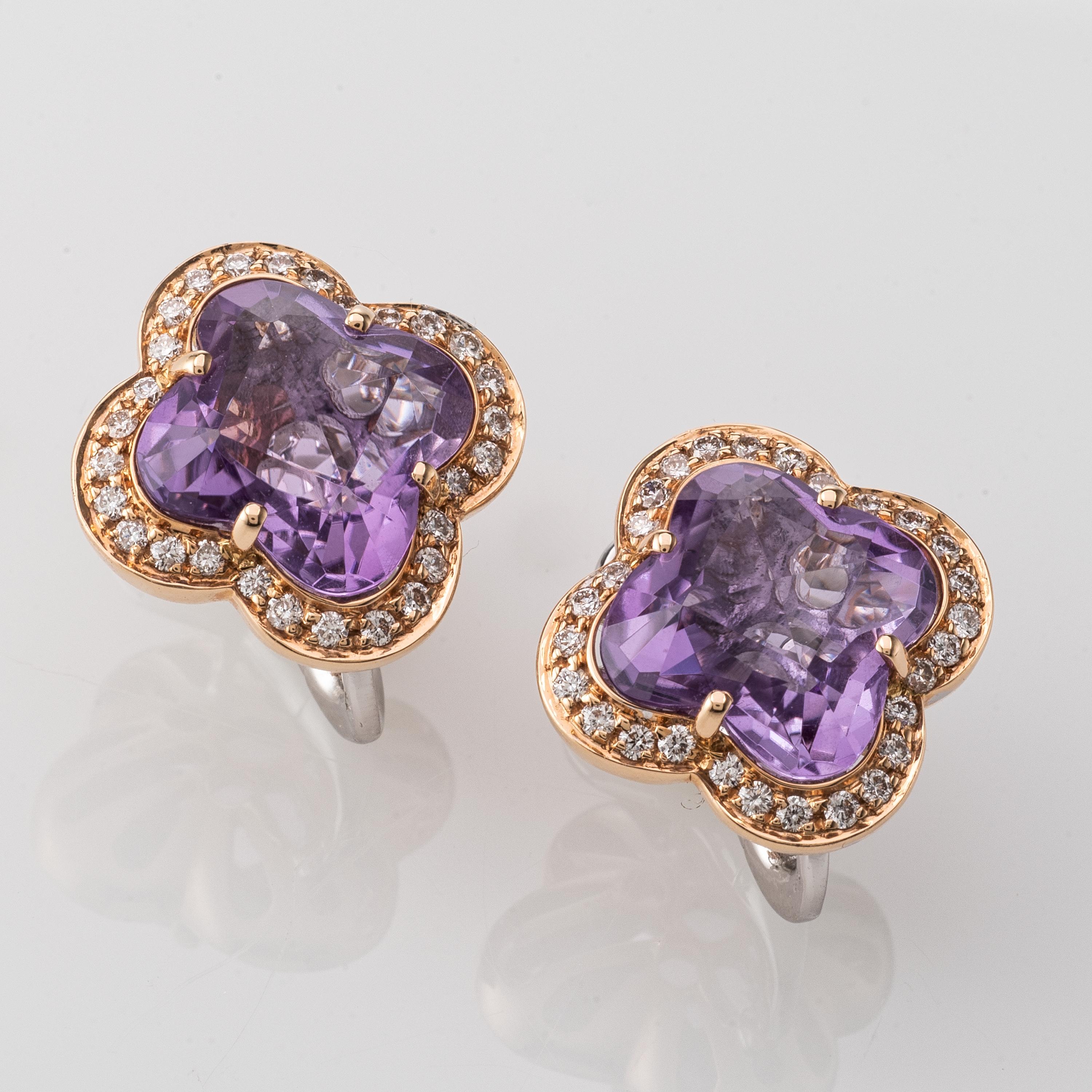 These stunning Earrings feature fancy cut Amethysts and Diamonds set in 18 Karat Rose Gold.
7.5 Carat of Amethysts and 0.42 Carat of Diamonds.
