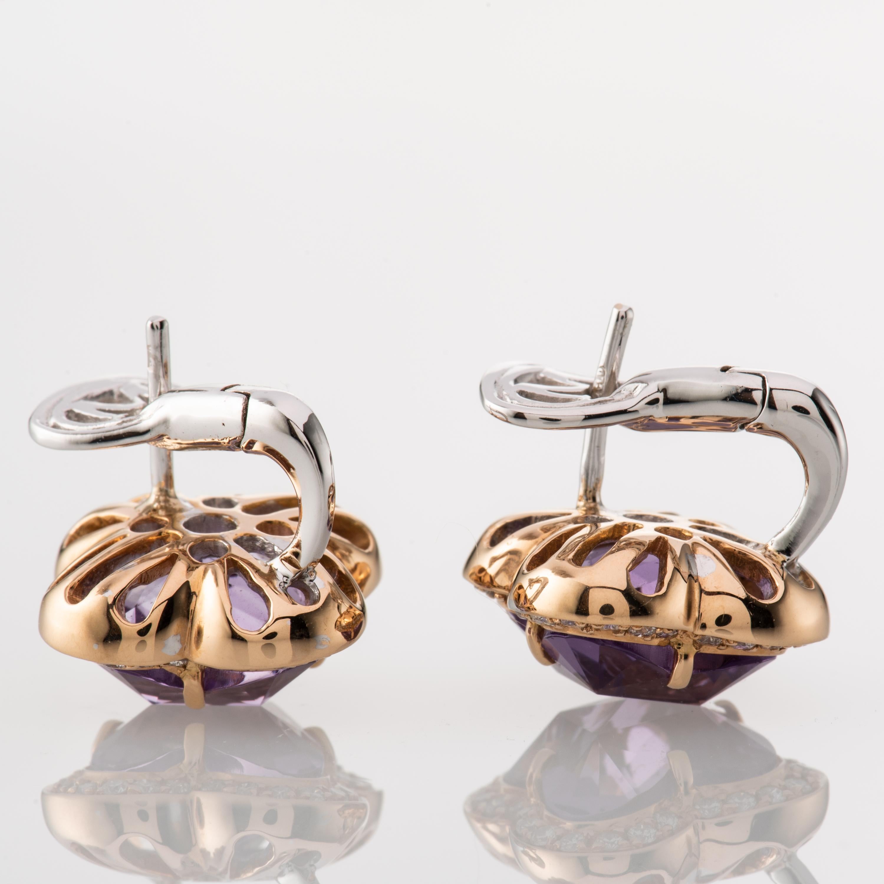 Modern Fancy Amethyst Diamond 18 Karat Rose Gold Earrings For Sale