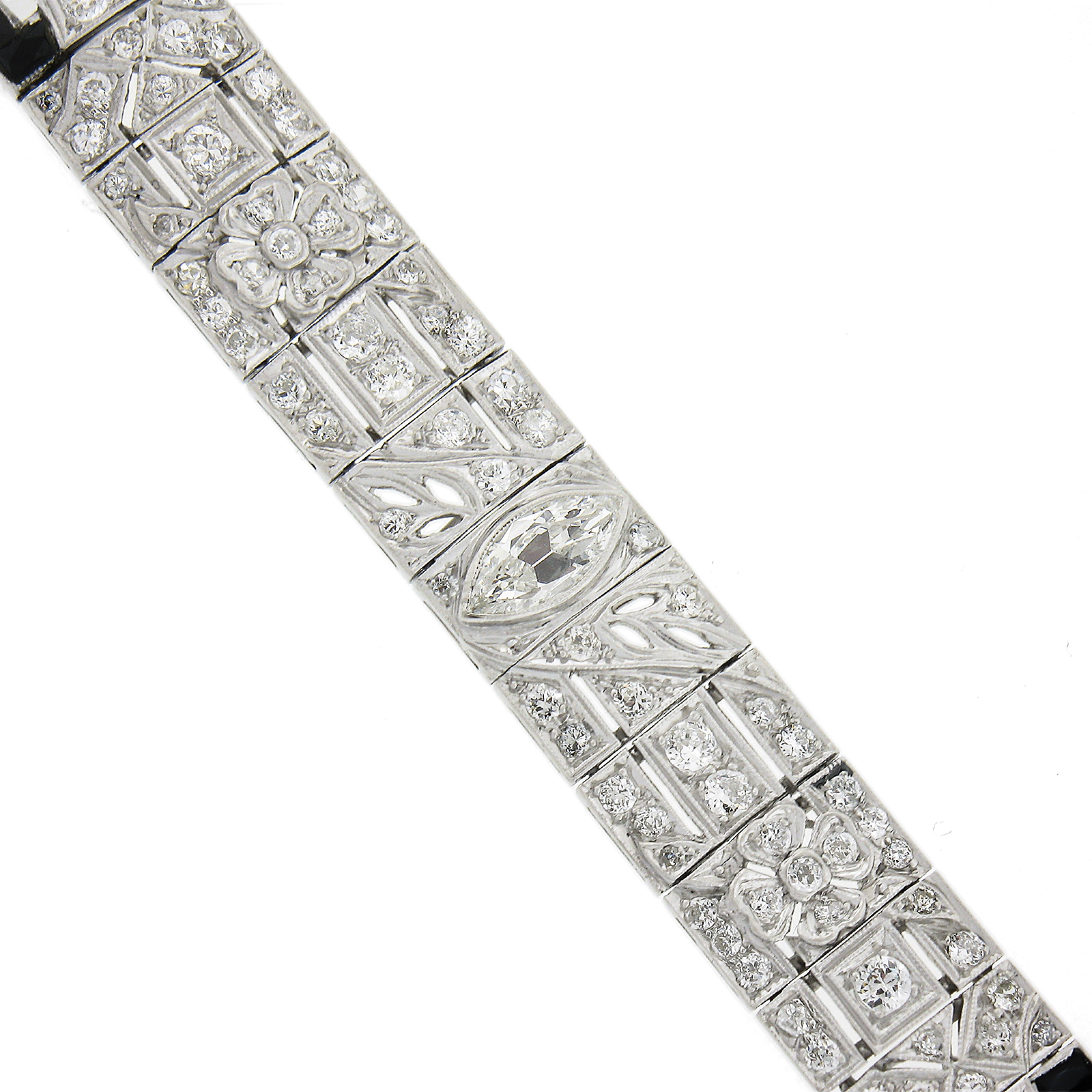 Old European Cut FANCY Antique Art Deco Platinum 6.03ct Diamond & Black Onyx Line Bracelet For Sale