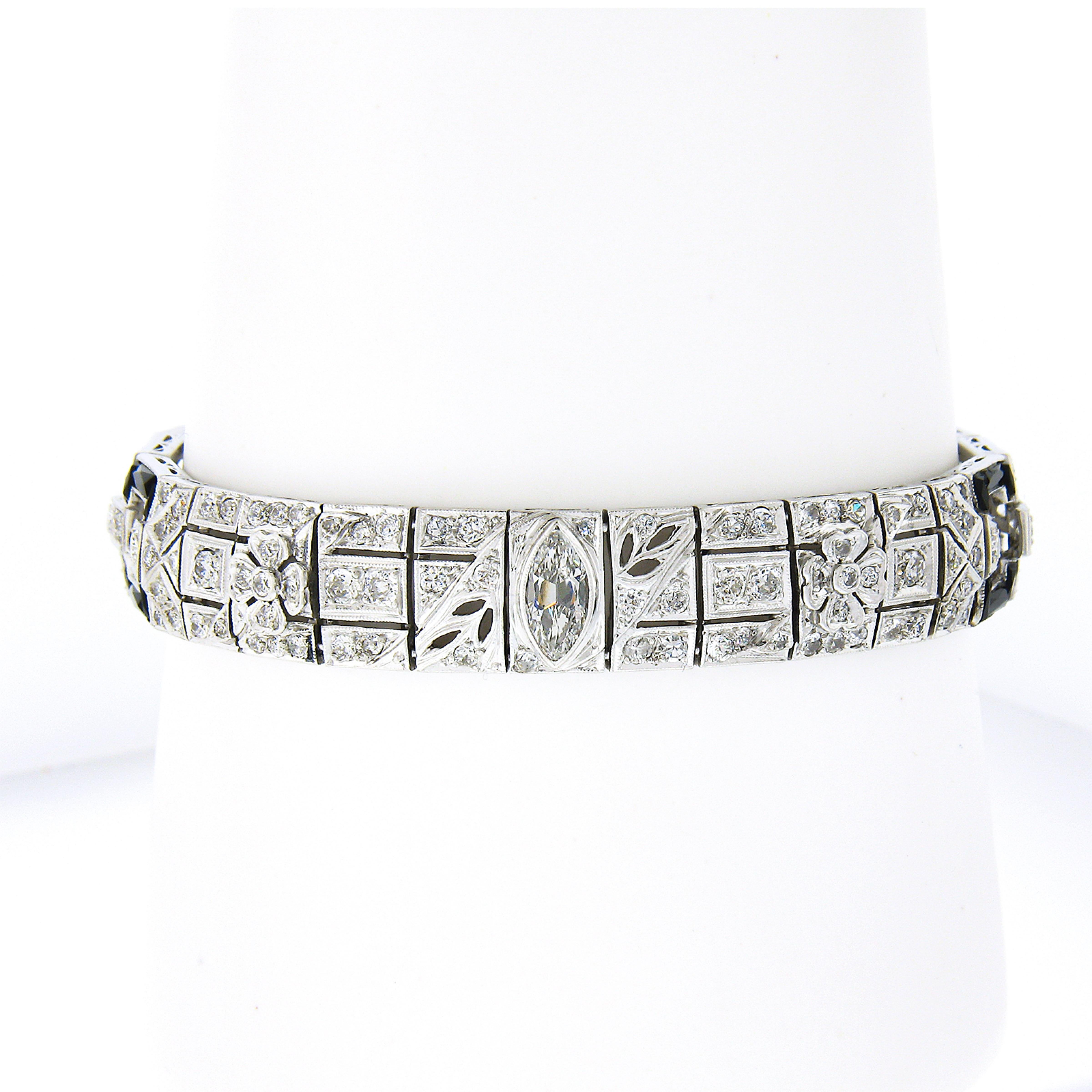 FANCY Antique Art Deco Platinum 6.03ct Diamond & Black Onyx Line Bracelet In Good Condition For Sale In Montclair, NJ