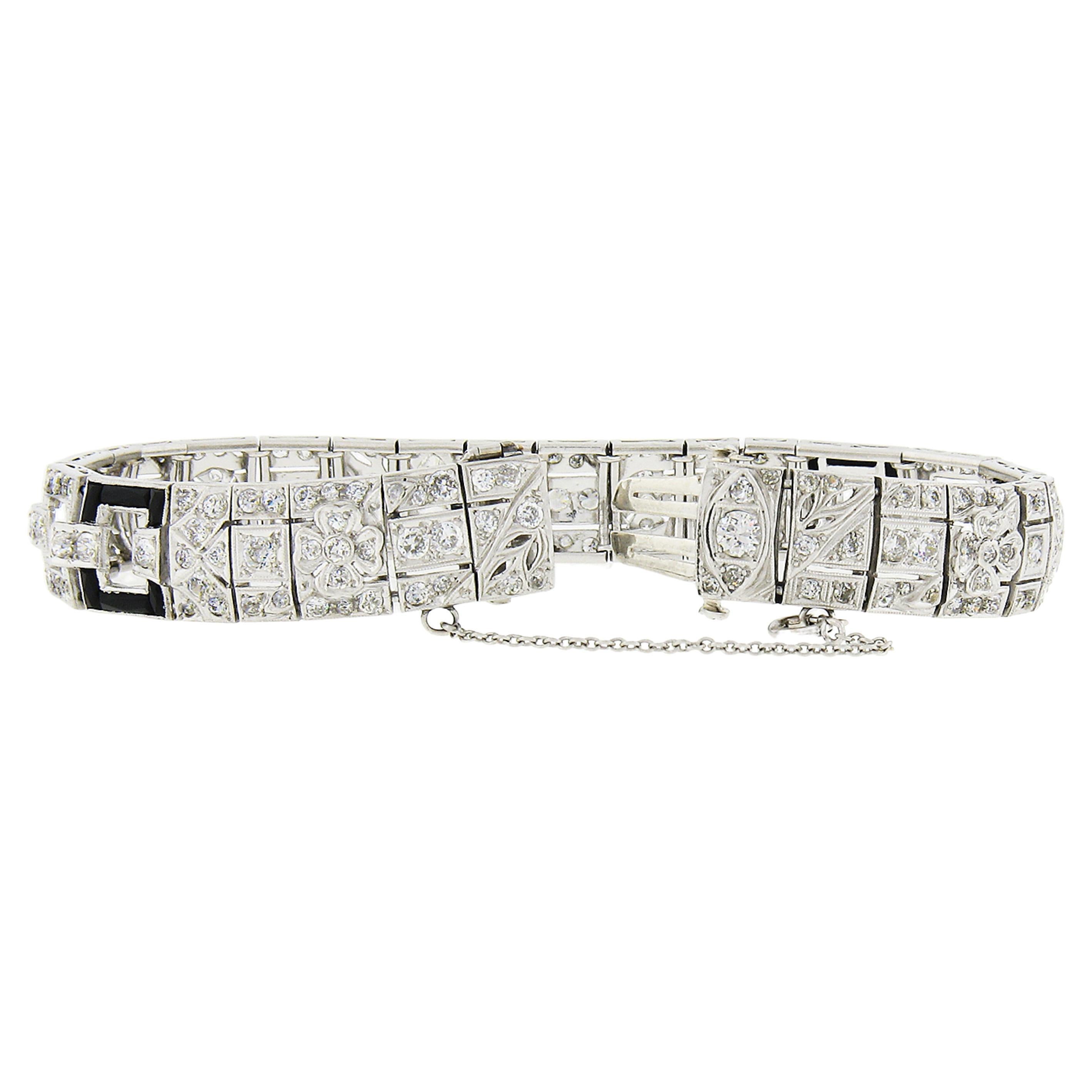 Women's or Men's FANCY Antique Art Deco Platinum 6.03ct Diamond & Black Onyx Line Bracelet For Sale
