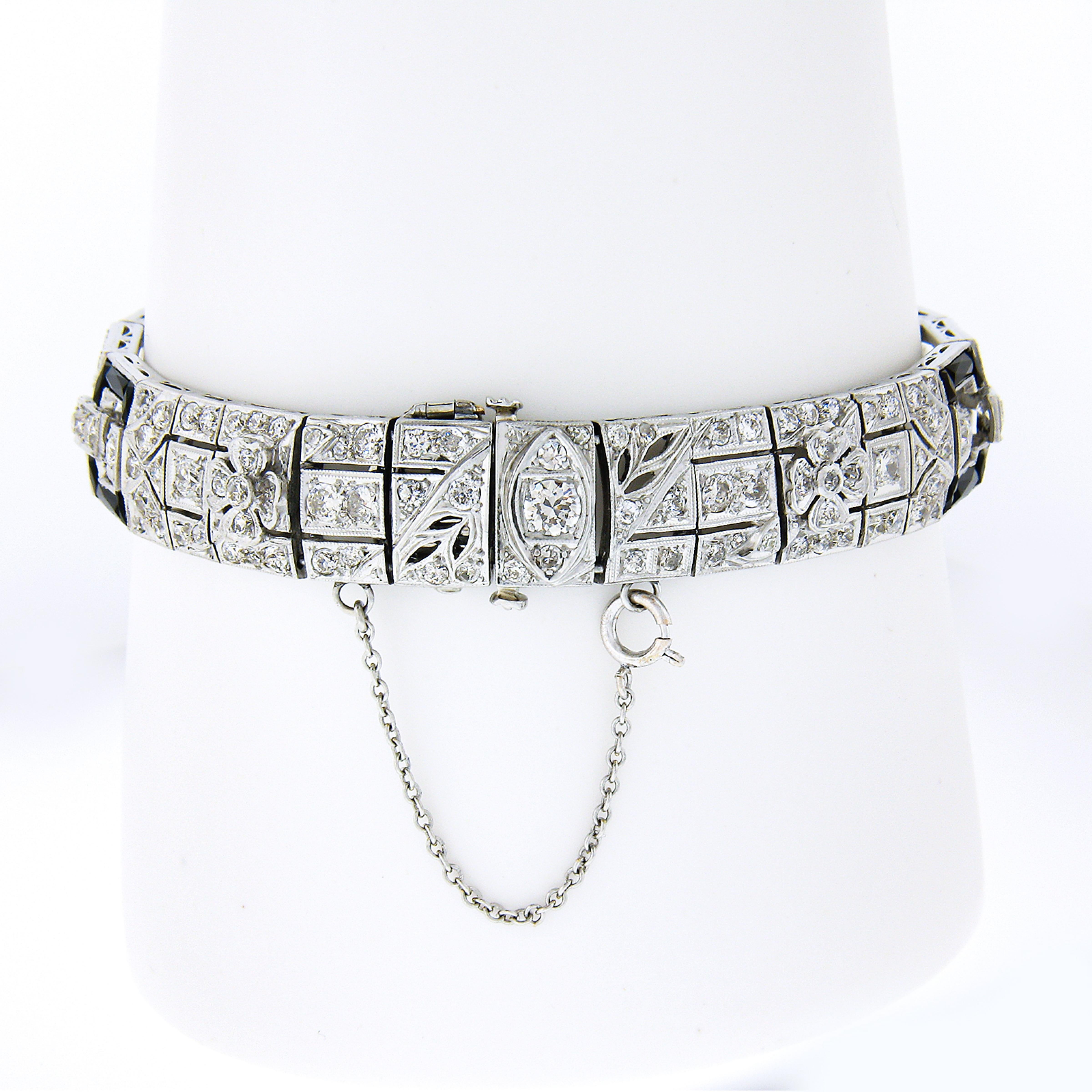 FANCY Antique Art Deco Platinum 6.03ct Diamond & Black Onyx Line Bracelet For Sale 1