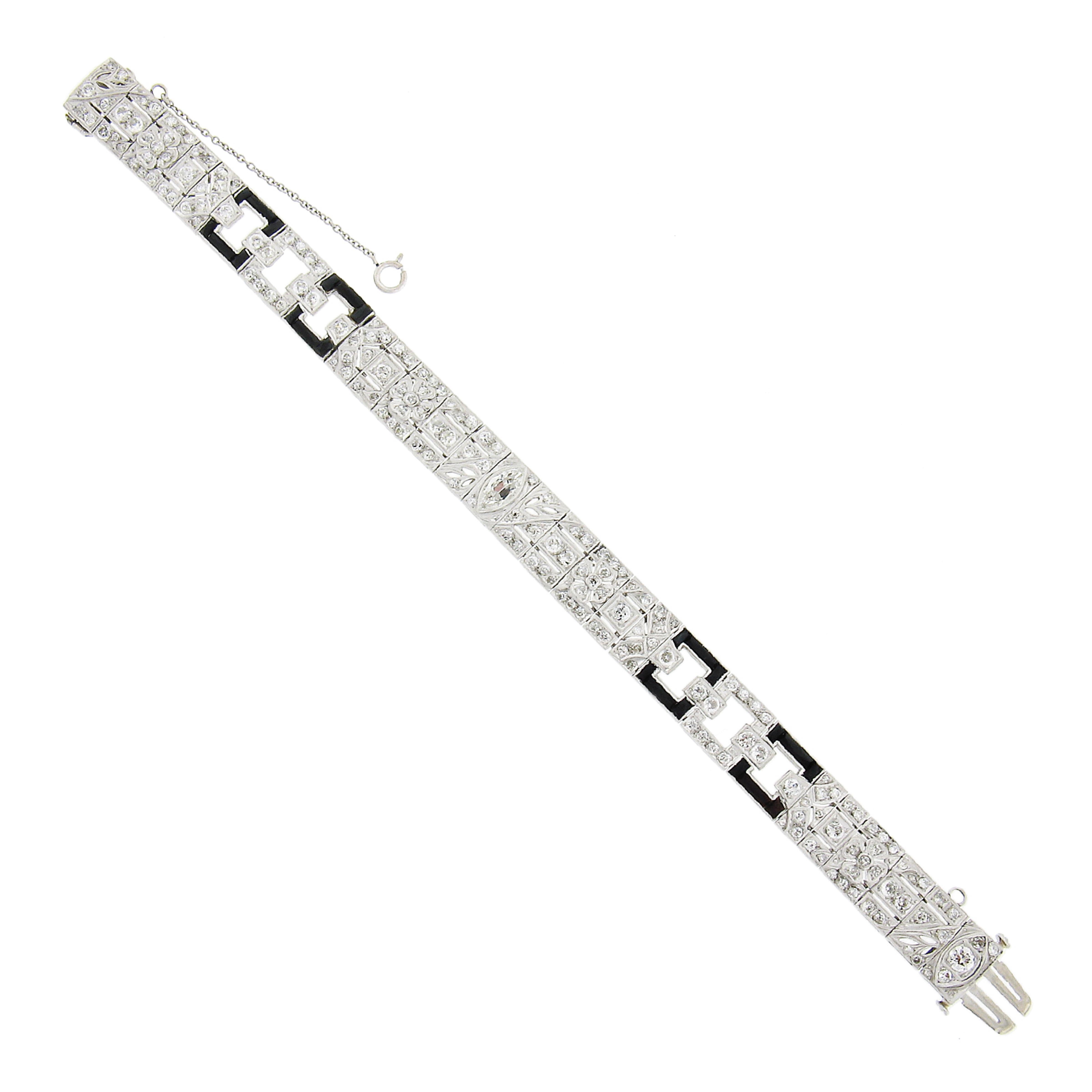 FANCY Antique Art Deco Platinum 6.03ct Diamond & Black Onyx Line Bracelet For Sale 3