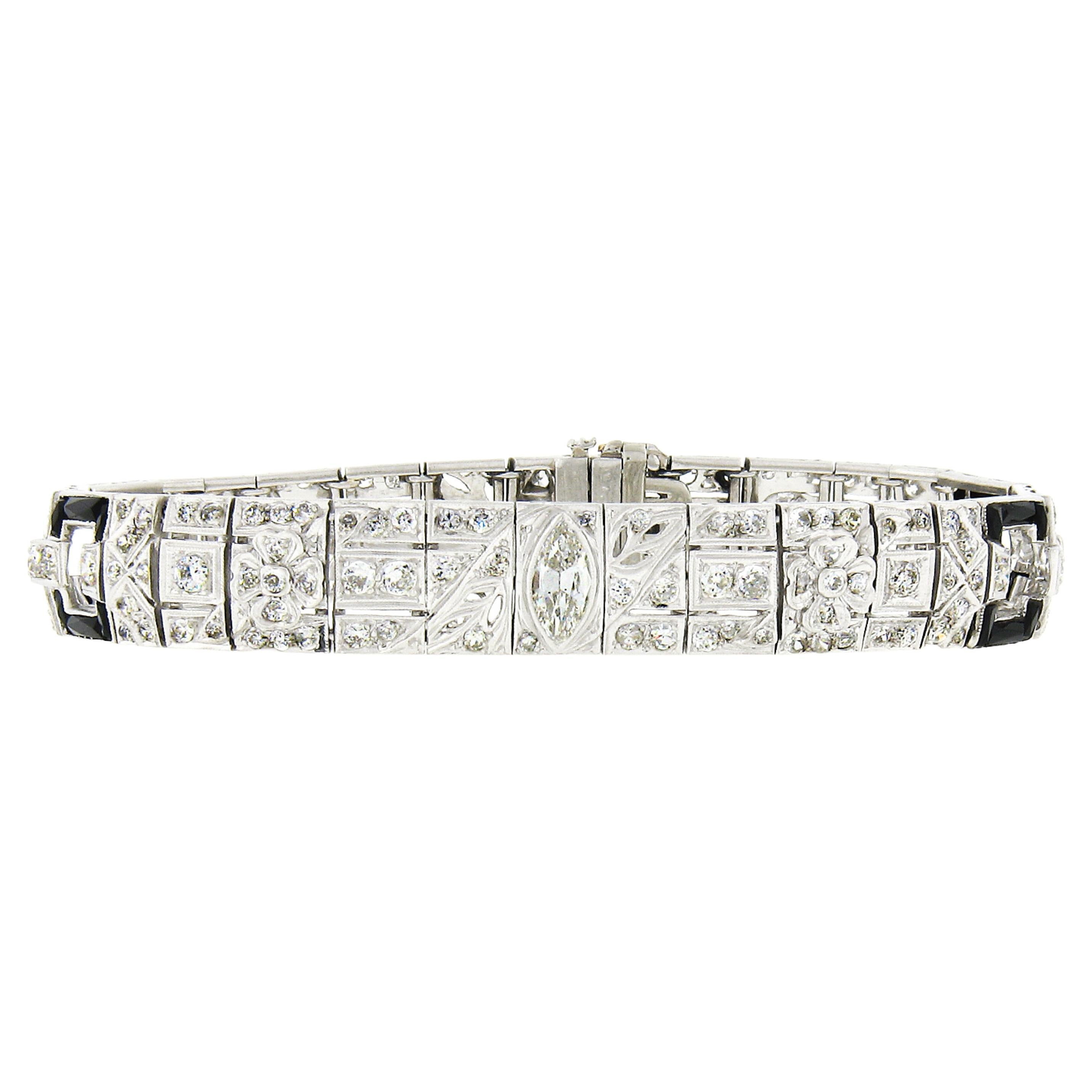 FANCY Antique Art Deco Platinum 6.03ct Diamond & Black Onyx Line Bracelet For Sale