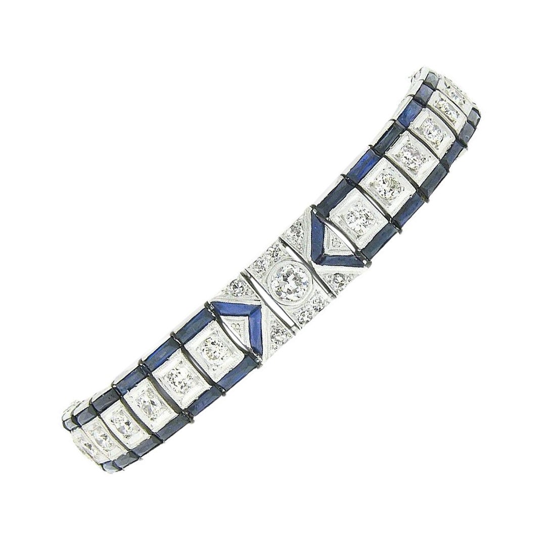 Fancy Antique Art Deco Platinum Bezel European Diamond & Sapphire Line Bracelet