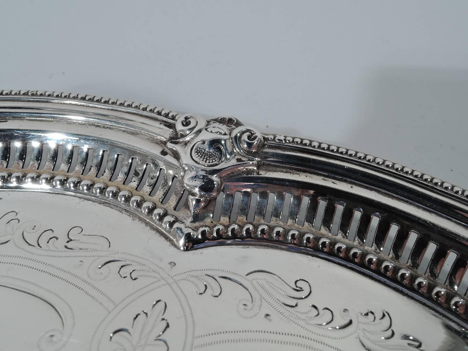 Fancy Antique English Edwardian Sterling Silver Salver Tray In Excellent Condition In New York, NY