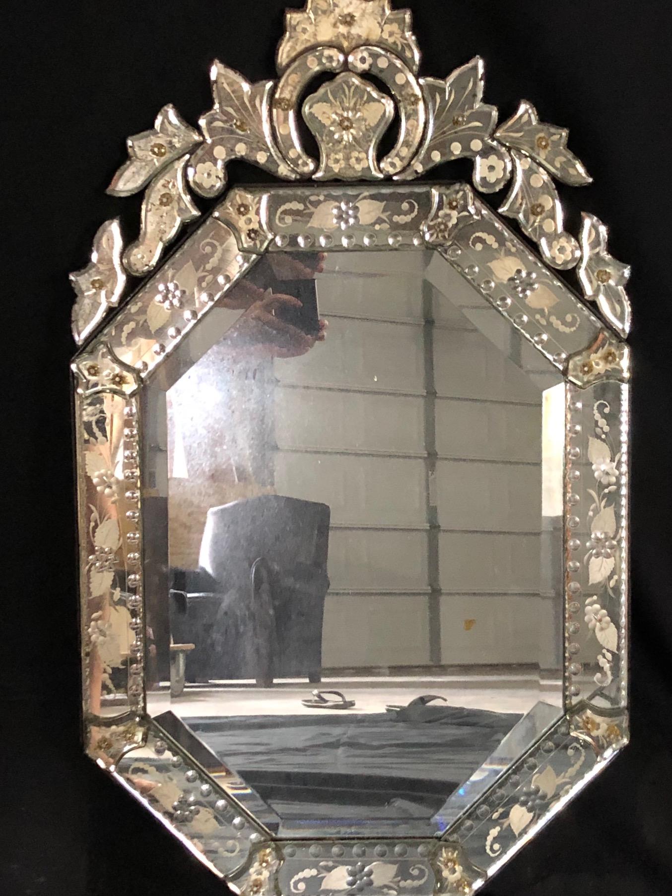 Italian Fancy Antique Etched Glass Venetian Mirror